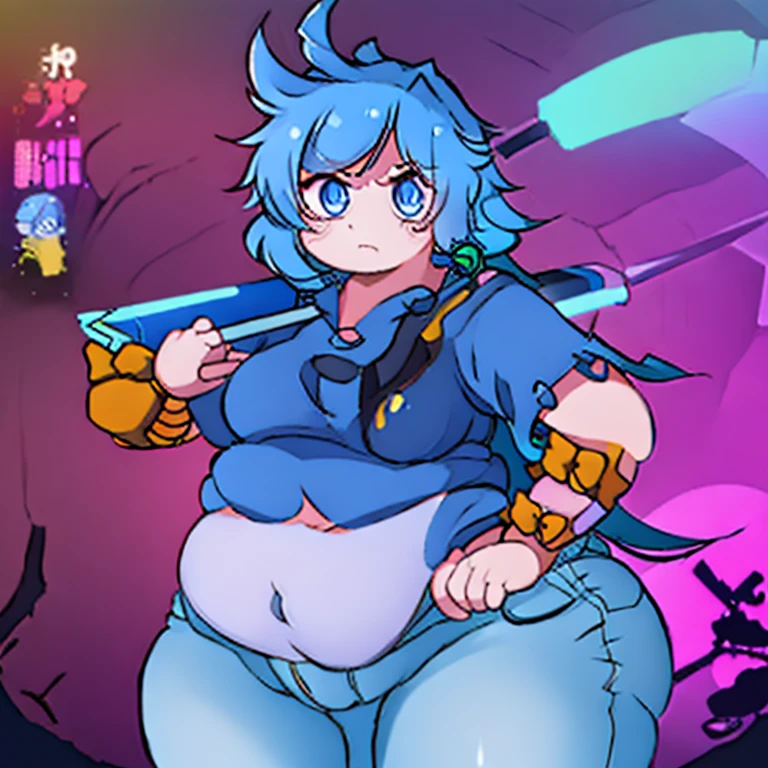 ((best quality, 4k, 8k, anime girl)), (((ssbbw))), (((ussbbw))), ((chubby)), ((very obese)), (((extremely tight suit))), (((beautiful extremely detailed face))), ((beautiful eyes)), cinematic lighting, realistic anatomy, (((big belly))), ((tanned skin)), ((tight jeans)), detailed background, ((walking through a forest)), night sky, full moon, great view, ((neon lights)), ((kawaii, loli)), punk, tsundere, glowing hair, (1girl,long hair,blue hair,messy hair,ahoge,blue eyes,jewelry, ring,arm ribbon,orange bow,short sleeves),