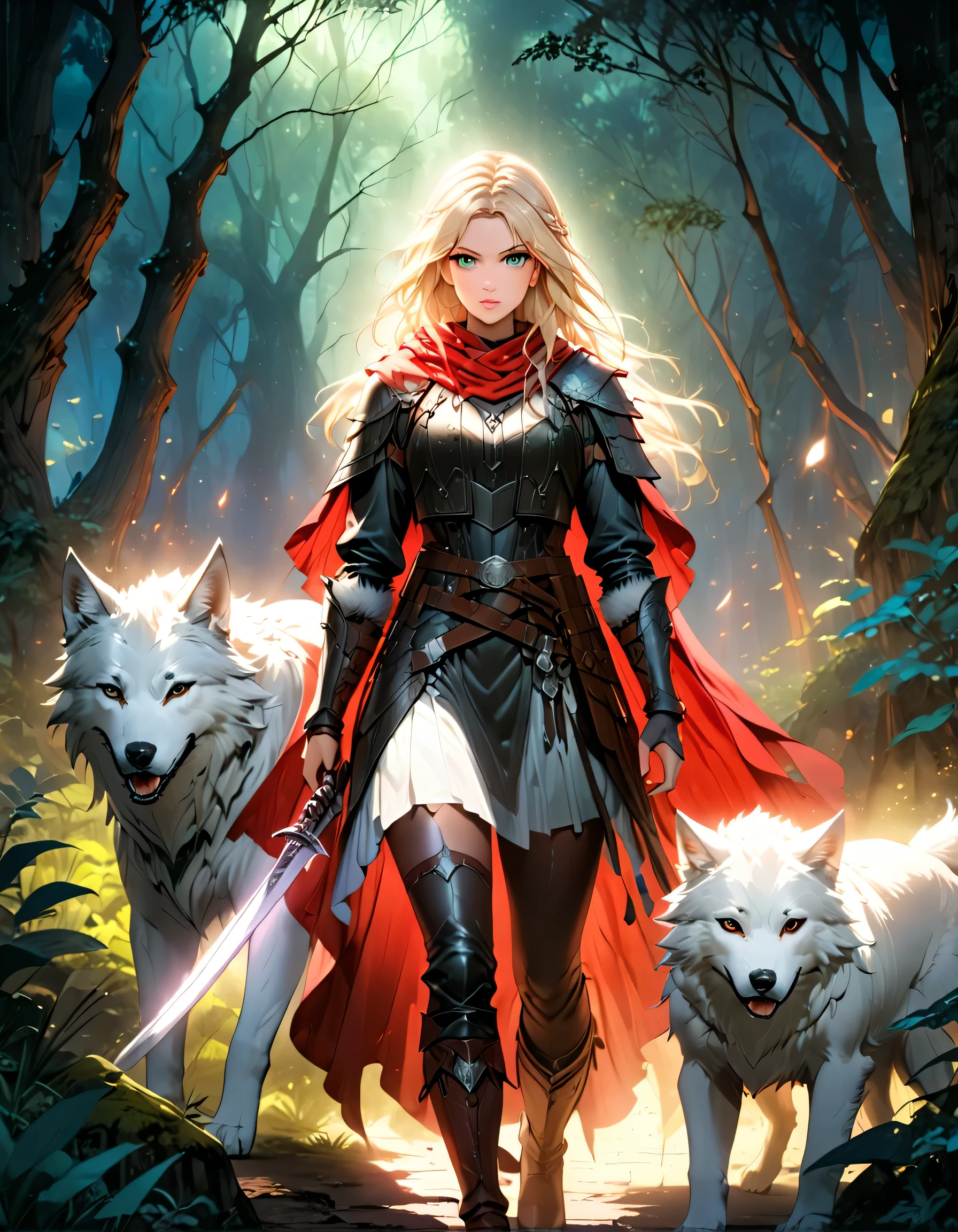 fantasy art, RPG art, Dark fantasy art, ultra wide shot, RAW, photorealistic, a picture of female human ranger and her (white: 1.4) wolf pet, the ranger, an exquisite beautiful human woman, long blond hair, braided hair, green eyes, wearing leather armor, wearing (red cloak: 1.1), armed with a (sword: 1.3), wearing laced boots, standing in a dark forest at night, (mist rising from the grounds: 1.3), an epic white wolf stands near her, a sense of dread and fear, yet she stands defiant and fearless, her white wolf pet stands near her, glowing blue eyes, protecting her, dark fantasy forest background, best quality, 16k, [ultra detailed], masterpiece, best quality, (ultra detailed), full body, ultra wide shot, photorealism