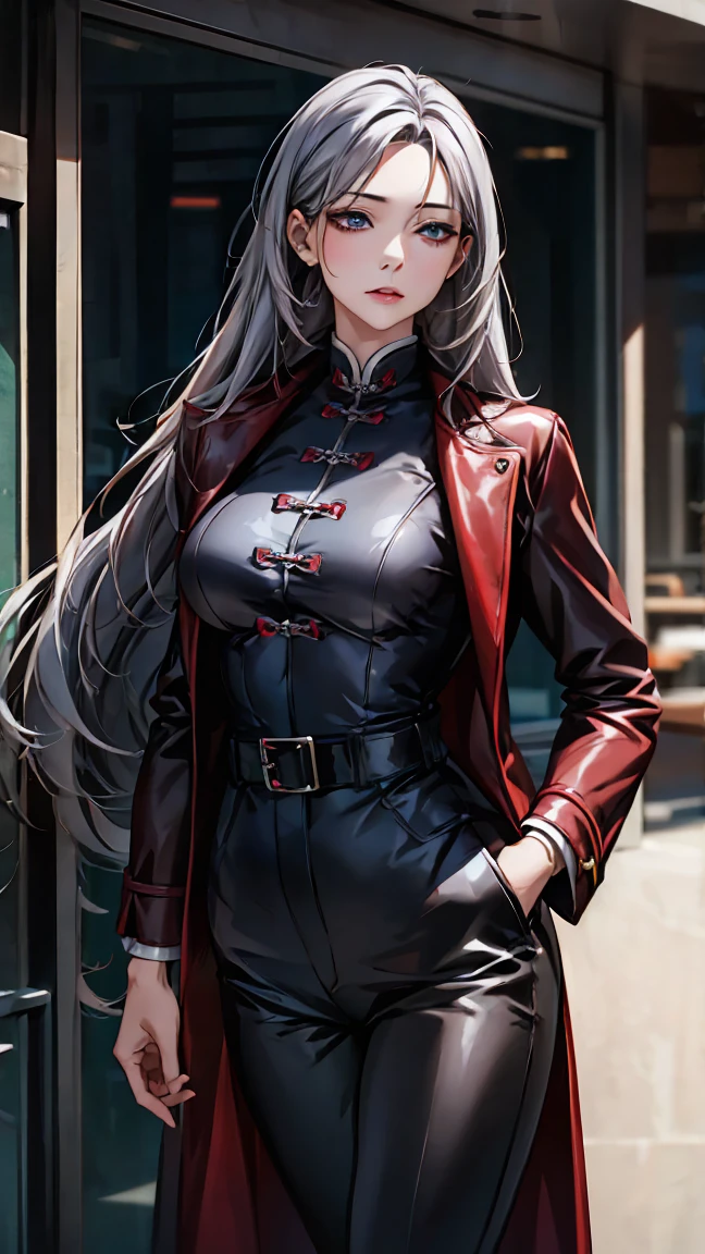 (Mature Woman１[Chinese), (Gray Hair, Long Hair:1.3), Blue colored eyes, (Medium breast), (red leather long coat), belt, pants, office, masterpiece, high quality, 