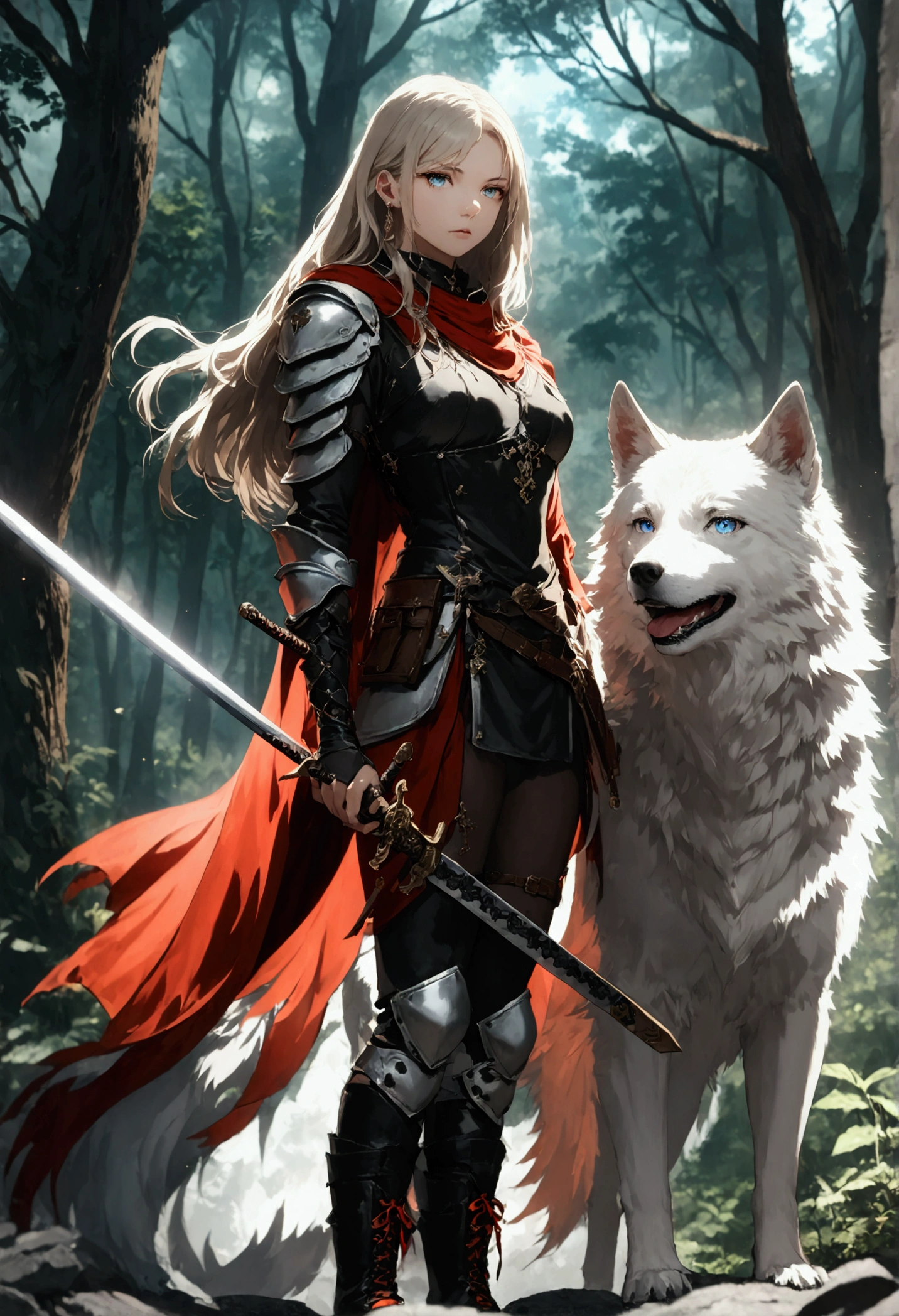 fantasy art, RPG art, Dark fantasy art, ultra wide shot, RAW, photorealistic, a picture of female human ranger and her (white: 1.4) wolf pet, the ranger, an exquisite beautiful human woman, long blond hair, braided hair, green eyes, wearing leather armor, wearing (red cloak: 1.1), armed with a (sword: 1.3), wearing laced boots, standing in a dark forest at night, (mist rising from the grounds: 1.3), an epic white wolf stands near her, a sense of dread and fear, yet she stands defiant and fearless, her white wolf pet stands near her, glowing blue eyes, protecting her, dark fantasy forest background, best quality, 16k, [ultra detailed], masterpiece, best quality, (ultra detailed), full body, ultra wide shot, photorealism