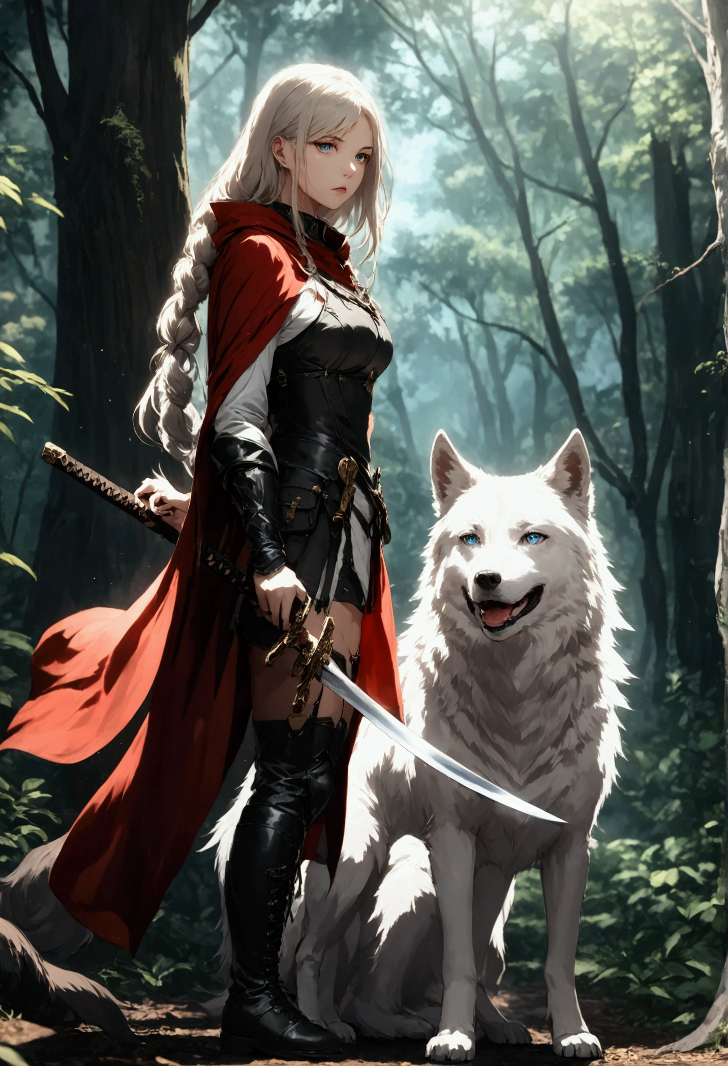 fantasy art, RPG art, Dark fantasy art, ultra wide shot, RAW, photorealistic, a picture of female human ranger and her (white: 1.4) wolf pet, the ranger, an exquisite beautiful human woman, long blond hair, braided hair, green eyes, wearing leather armor, wearing (red cloak: 1.1), armed with a (sword: 1.3), wearing laced boots, standing in a dark forest at night, (mist rising from the grounds: 1.3), an epic white wolf stands near her, a sense of dread and fear, yet she stands defiant and fearless, her white wolf pet stands near her, glowing blue eyes, protecting her, dark fantasy forest background, best quality, 16k, [ultra detailed], masterpiece, best quality, (ultra detailed), full body, ultra wide shot, photorealism