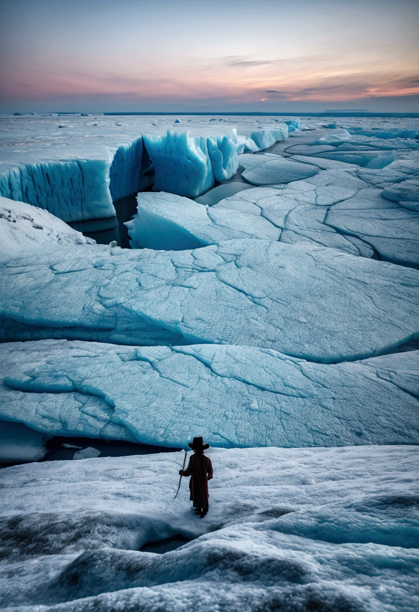 Panoramic view of edge of the world at icy land , smog, beautiful ice glacier patterns, 1 old Malay shirtless fishermen wearing conned pointed straw hat and kain pelikat with fish net at his hand, looking at the edge of the world, blue icy sky, heavy smog, beautiful mesmerizing bright aurora light at the blueish sky, light particles, view from high attitude