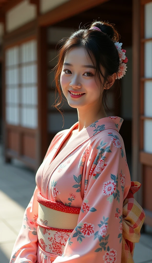 Japan、yukata、A diligent smile、Ample breasts、I can't see my chest、Large Breasts、Similar to Norika Fujiwara、detailed、It&#39;s complicated、cool、rape、Random sexy poses、In 8K resolution、Traditional、非常にdetailedでリアルな背景を作成、The background is just as clear and of high quality as the person、Natural light softly illuminates the temple&#39;s architectural details.、The subtle texture of the surroundings is clearly visible、Emphasizing photo-like depiction with depth 