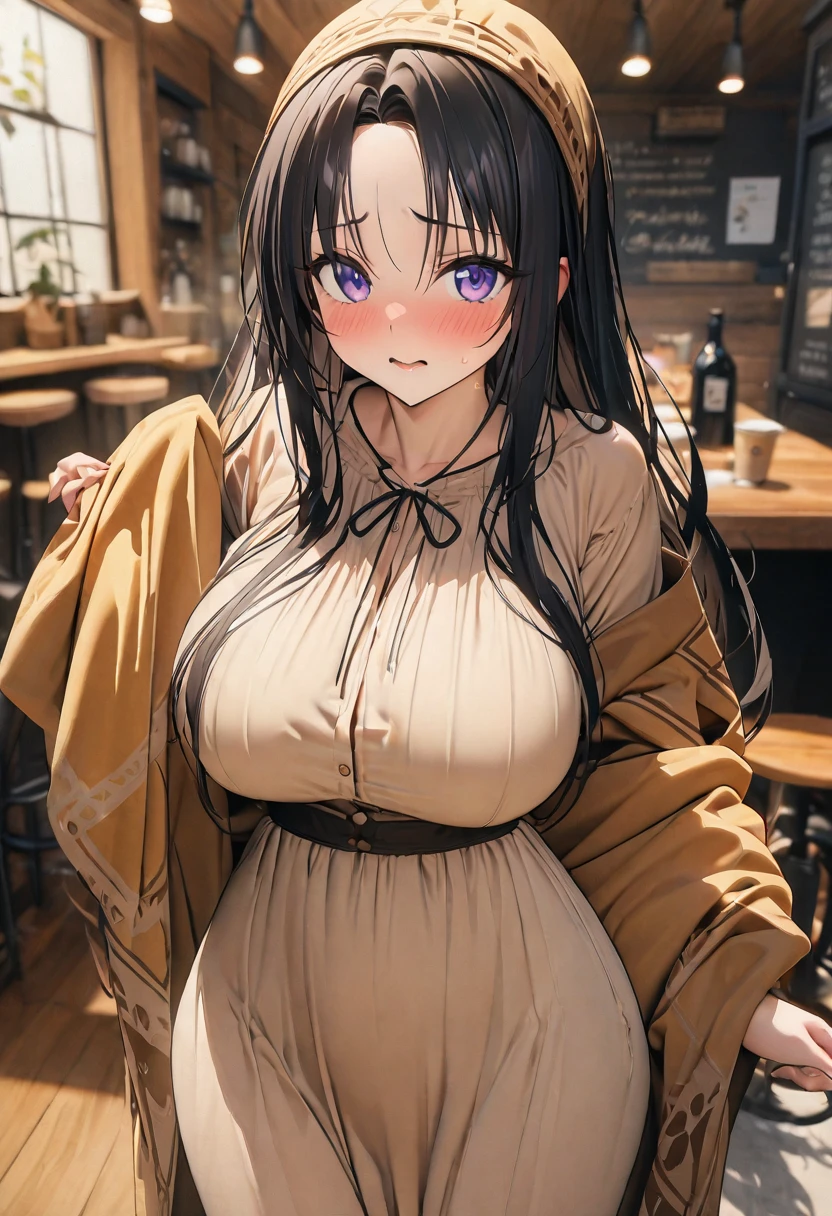 ((masterpiece,Highest quality,8k,Ultra-high resolution)),  1 person　、Adult woman in her 20s　,  Momo Juvenile Deviluke,                                     View your viewers　、　Embarrassed　,                                                             Black Hair　, Long Hair　　 、(Center parted bangs) 　　、　　　　Light purple eyes   　     　、                           The body is slim,   Big Breasts　　、　Primitive costume　、　Cafe