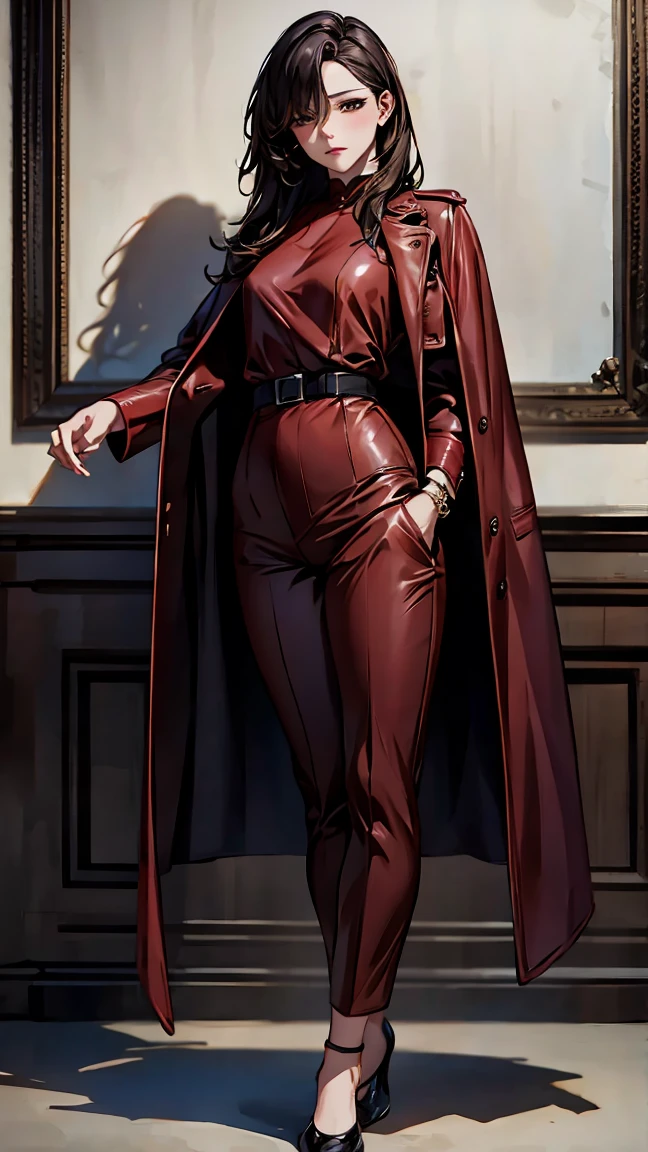 (Mature Woman), (red leather long coat), belt, pants, Delicate body、(hig彼st quality、Attention to detail、Rich skin detail)、(hig彼st quality、8k、Oil paints:1.2)、Very detailed、(Realistic、Realistic:1.37)、(Full Body Shot)、((Small eyes)), 