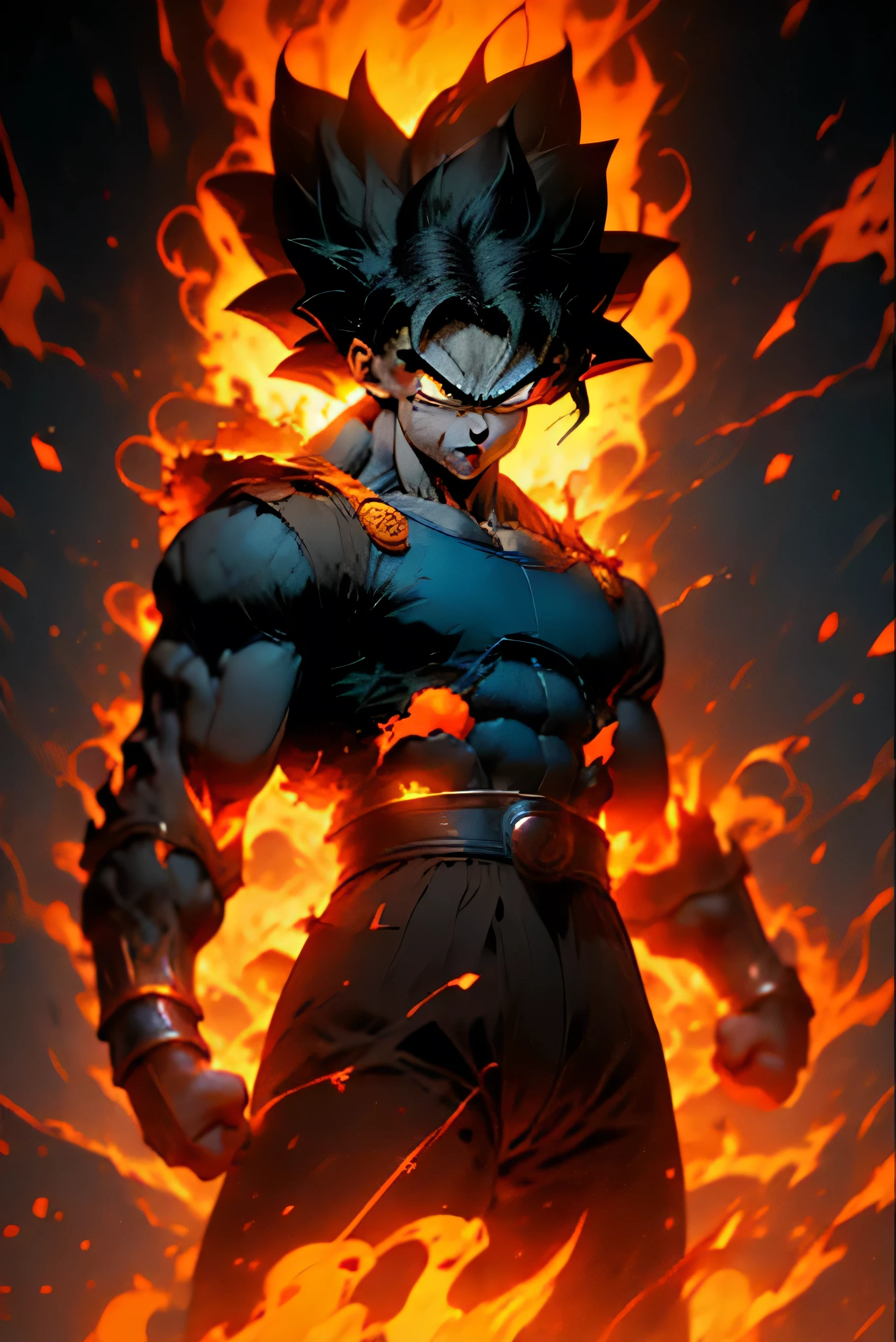 (best quality, 4k, highres, masterpiece:1.2) ,goku ultra instinct,blue flame, angry face,want to fight,fight position