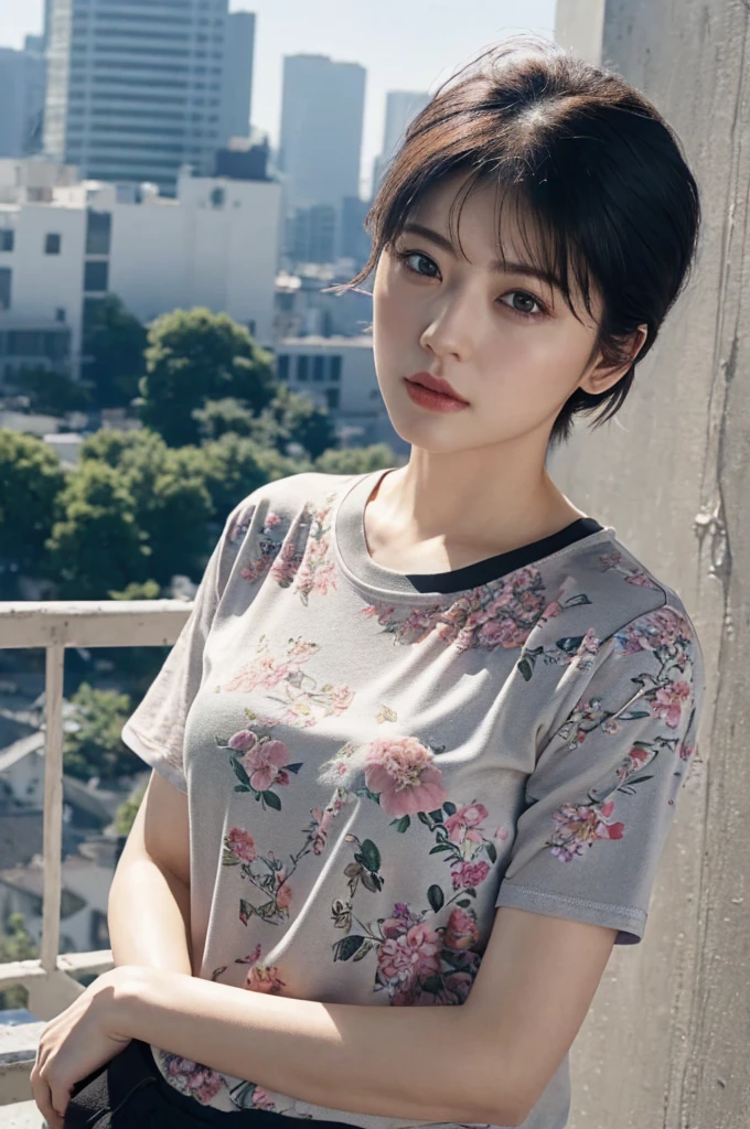 (8k、Highest quality、masterpiece:1.2)、(Realistic、Photorealistic:1.37)、Ultra-detailed、((Beautiful woman))、((Floral T-shirt))、gender、Staring at the audience、On the roof of a building、(chest)、((Black short hair))