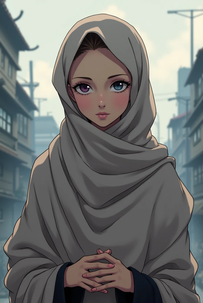 A closeup portrait of a serene Hijabi woman in a plain, undecorated dress. Her face takes center stage against the backdrop of a rainy urban cityscape, with glistening streets and reflections, creating a mood of urban romance and introspection.