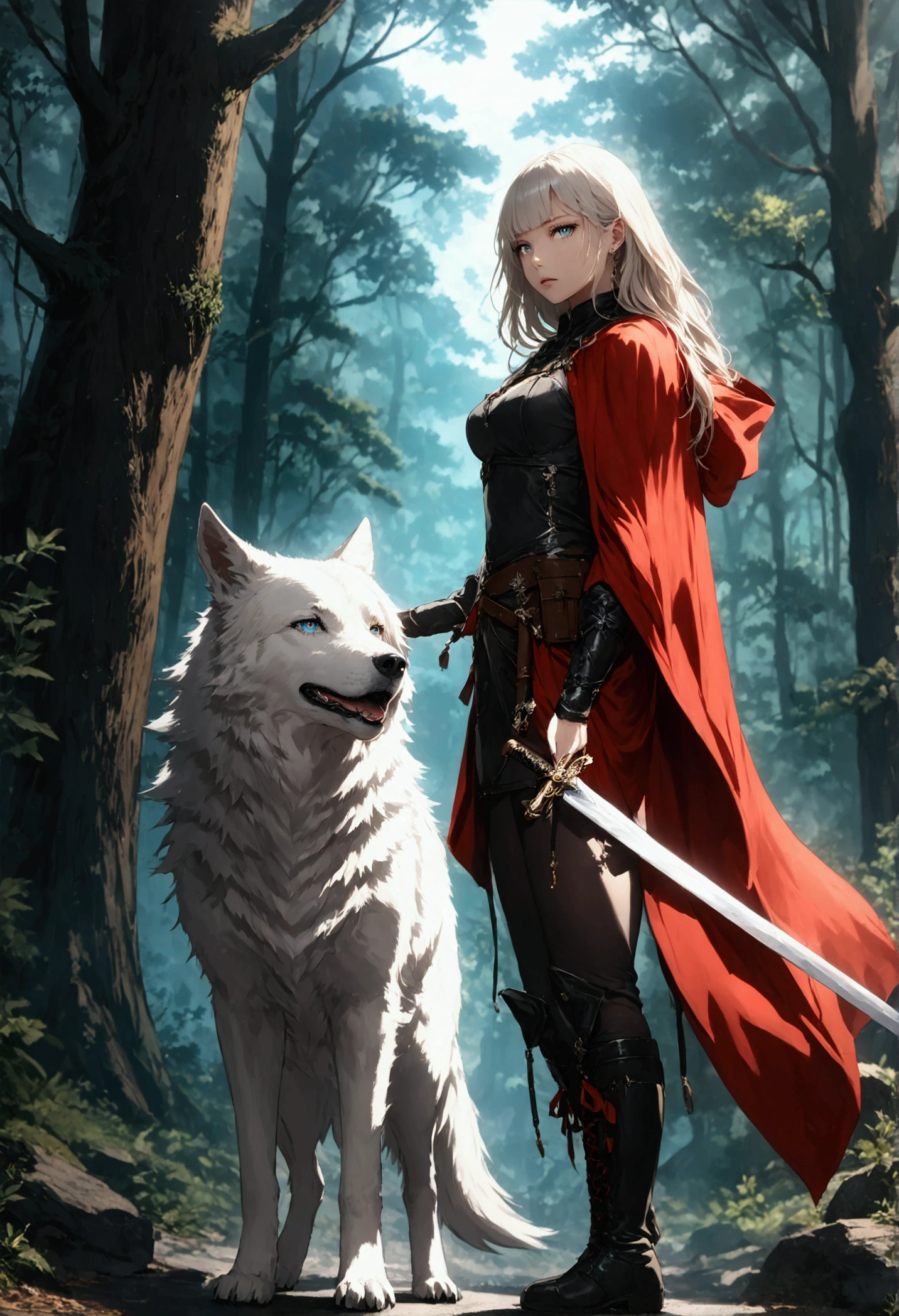 fantasy art, RPG art, Dark fantasy art, ultra wide shot, RAW, photorealistic, a picture of female human ranger and her (white: 1.4) wolf pet, the ranger, an exquisite beautiful human woman, long blond hair, braided hair, green eyes, wearing leather armor, wearing (red cloak: 1.1), armed with a (sword: 1.3), wearing laced boots, standing in a dark forest at night, (mist rising from the grounds: 1.3), an epic white wolf stands near her, a sense of dread and fear, yet she stands defiant and fearless, her white wolf pet stands near her, glowing blue eyes, protecting her, dark fantasy forest background, best quality, 16k, [ultra detailed], masterpiece, best quality, (ultra detailed), full body, ultra wide shot, Curved Sword Slash