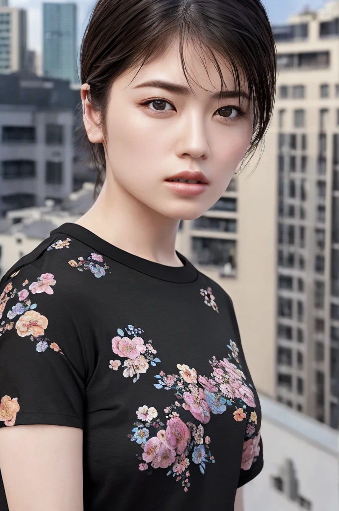 (8k、Highest quality、masterpiece:1.2)、(Realistic、Photorealistic:1.37)、Ultra-detailed、((Beautiful woman))、((Floral T-shirt))、gender、Staring at the audience、On the roof of a building、(chest)、((Black short hair))