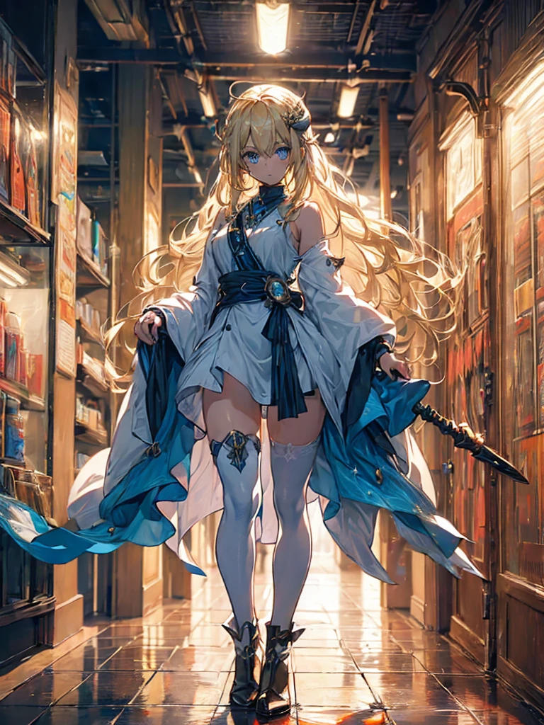 Blonde mage anime girl, with long hair and a braid on one side. She has blue eyes and is wearing a blue mage's veil in the head. She is dressed in a long-sleeve white shirt, brown pants, and tall brown boots. She holds a mage's staff with a crystal at the tip, wears brown gloves, and has a crossbody bag slung across her chest at her waist. She has a serious expression. Ensure that the image is well-detailed with accurate proportions, clear facial features, and balanced body posture to avoid any deformities." 8k, high quality, full body, (ultra-realistic), {extremely detailed 8k CG unit wallpaper}, expansive landscape photograph, , (light: 2.0), (warm light source: 1.5), complex details,, (atmospheric lighting), surreal, impressive, fantasy, (Solo: 1.2)