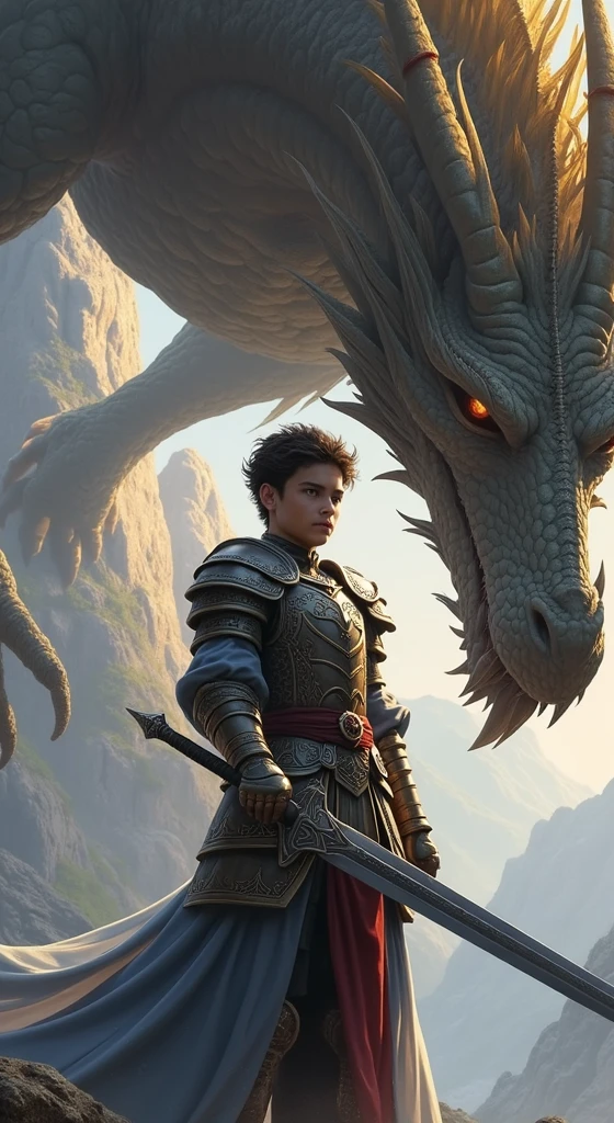 Create an image with a handsome boy, with black hair shaved on the sides, black eyes, with a dragon and with a game of thrones theme, real