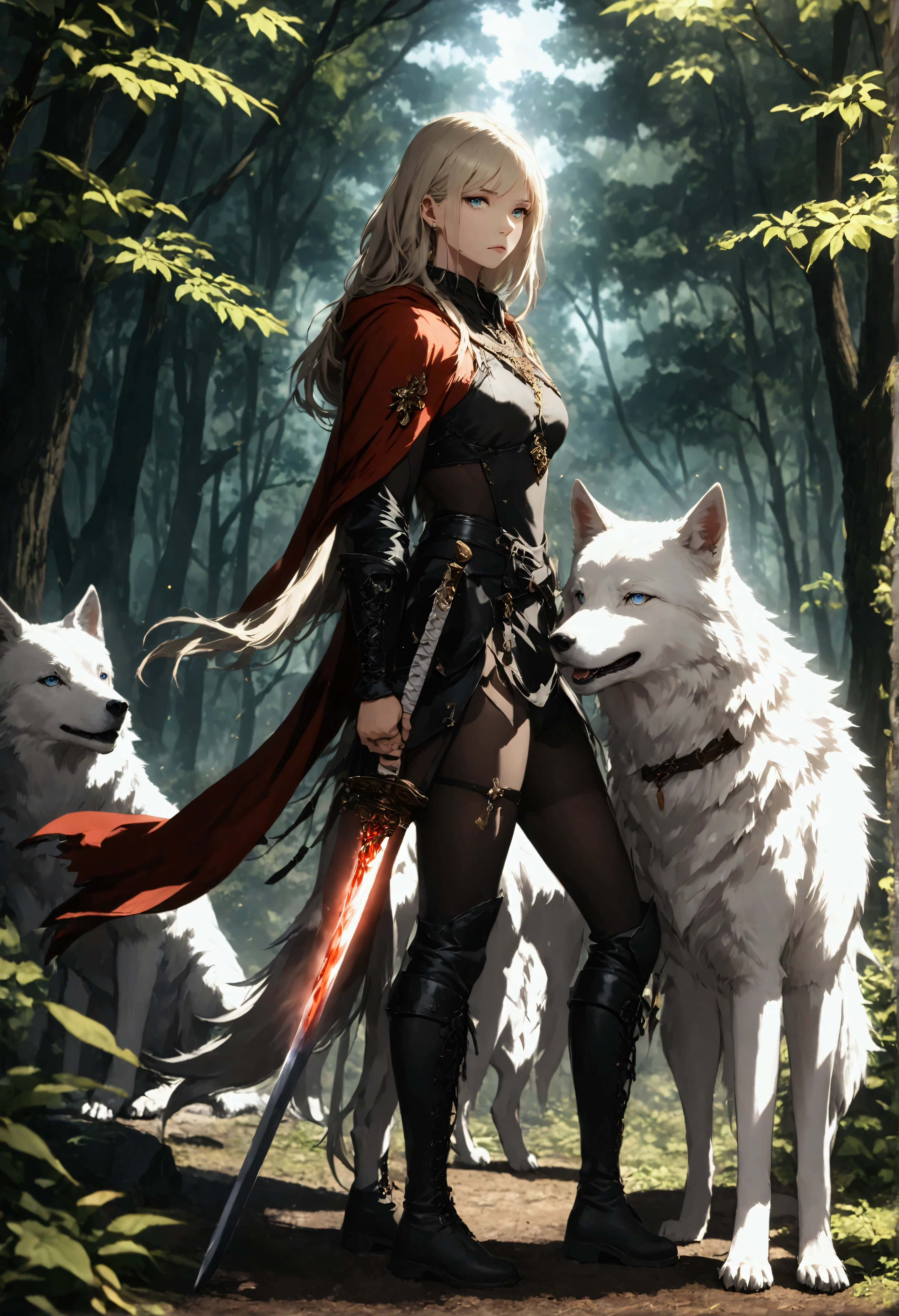 fantasy art, RPG art, Dark fantasy art, ultra wide shot, RAW, photorealistic, a picture of female human ranger and her (white: 1.4) wolf pet, the ranger, an exquisite beautiful human woman, long blond hair, braided hair, green eyes, wearing leather armor, wearing (red cloak: 1.1), armed with a (sword: 1.3), wearing laced boots, standing in a dark forest at night, (mist rising from the grounds: 1.3), an epic white wolf stands near her, a sense of dread and fear, yet she stands defiant and fearless, her white wolf pet stands near her, glowing blue eyes, protecting her, dark fantasy forest background, best quality, 16k, [ultra detailed], masterpiece, best quality, (ultra detailed), full body, ultra wide shot, photorealism