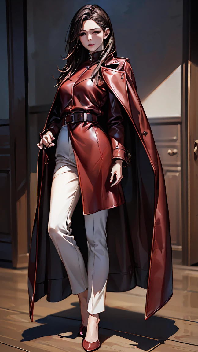 (Mature Woman), (red leather long coat), belt, pants, Delicate body、(hig彼st quality、Attention to detail、Rich skin detail)、(hig彼st quality、8k、Oil paints:1.2)、Very detailed、(Realistic、Realistic:1.37)、(Full Body Shot)、((Small eyes)), 