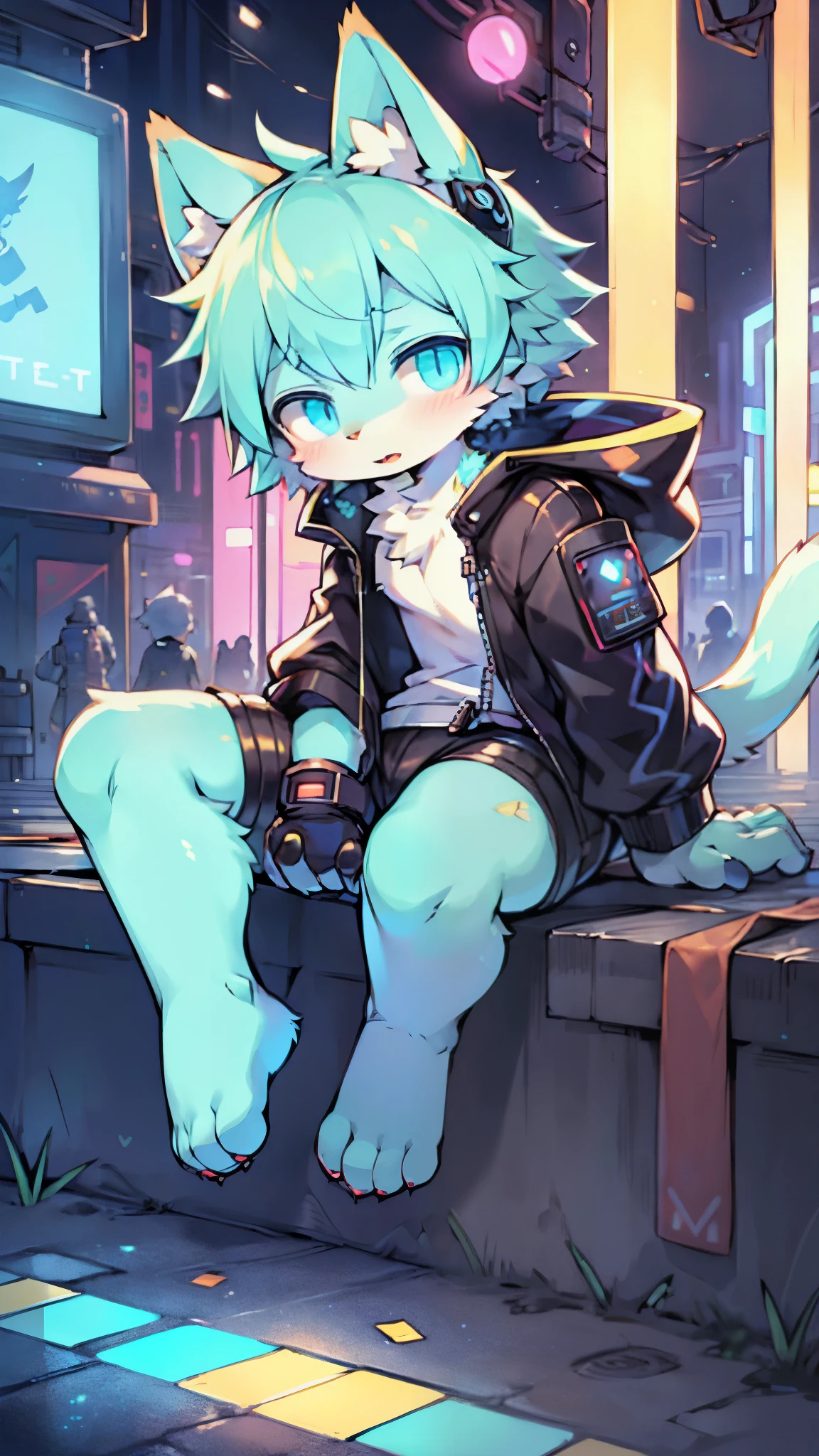 Furry,catss,shoun,14岁,cerulean,Delicate painting style,,Delicate hair,Delicate hands,Sports white socks,Wear technology floating right eye luminescent goggles,Wear with short sleeves in a black tech style,short detailed hair,White hair(There is a small strand of blue hair on the front),Yellow pupil,shaggy,,Sky blue scarf,White and blue animal ears,Dappled light and shadow,Cyberpunk technology,adolable,Handsome,Shota,meat mat,The waist is slightly thinner,Boy,Hair with bangs,There are God's eyes,Black shorts,,Serious,Cyberpunk machine Windy City,,exteriors,standing on your feet,Serious,The tail is fluffy,Laser cannon in hand,Sit on your knees,Showing fangs,usa ropa blanca,Big grey tech-inspired headphones(The large)
