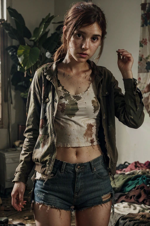 Ellie williams, wounded, torn clothes, in a dirty room with vegetation 