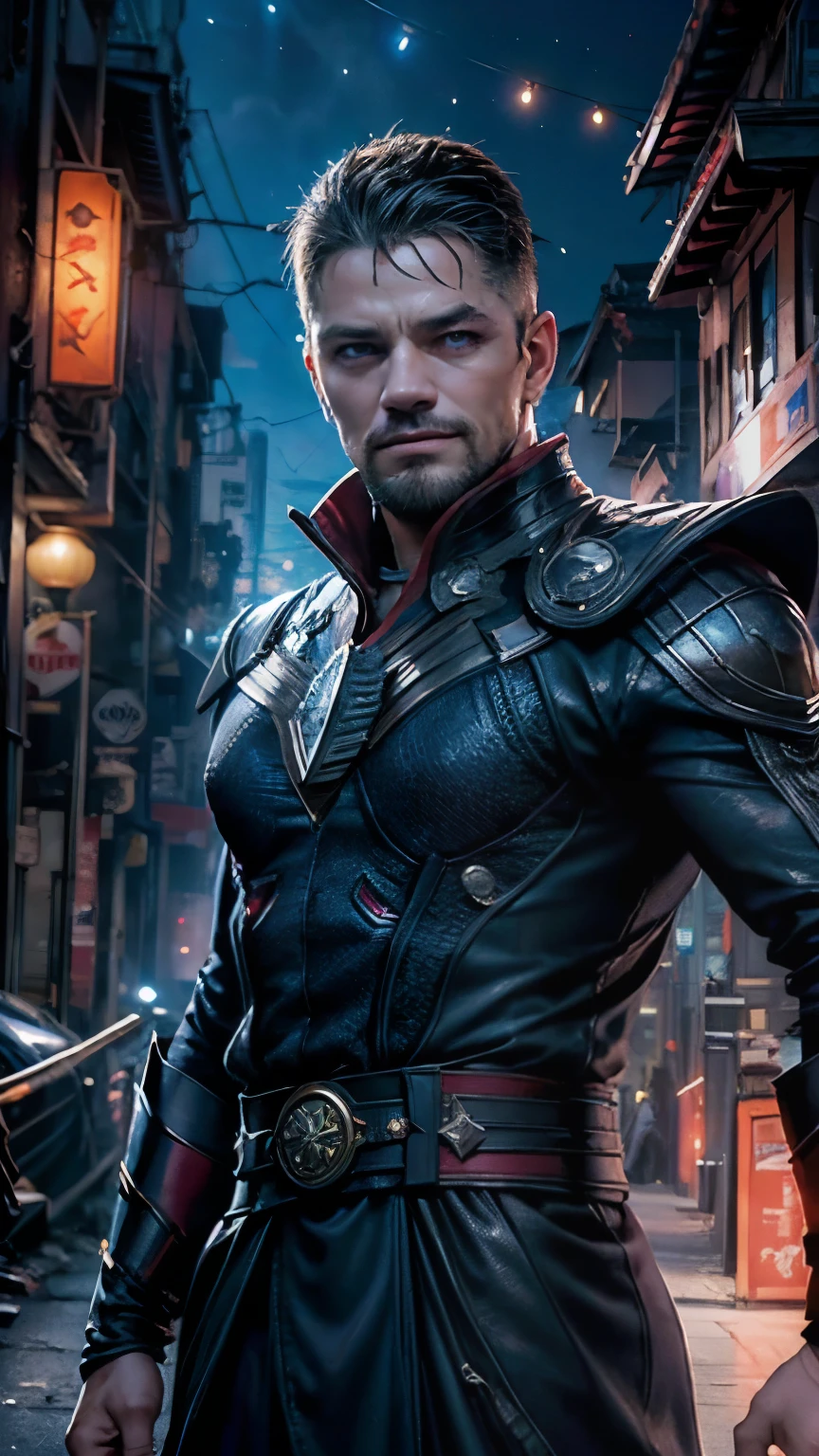 d_Clark, a strong young man, 20 year, natural blue eyes, military style hair, malicious smile, standing, vestindo uniforme de doctor Strange, face detailed, scene of a night alley, buildings with neon lights, digital art high quality, work of art, hyperrealisti, face detailed.