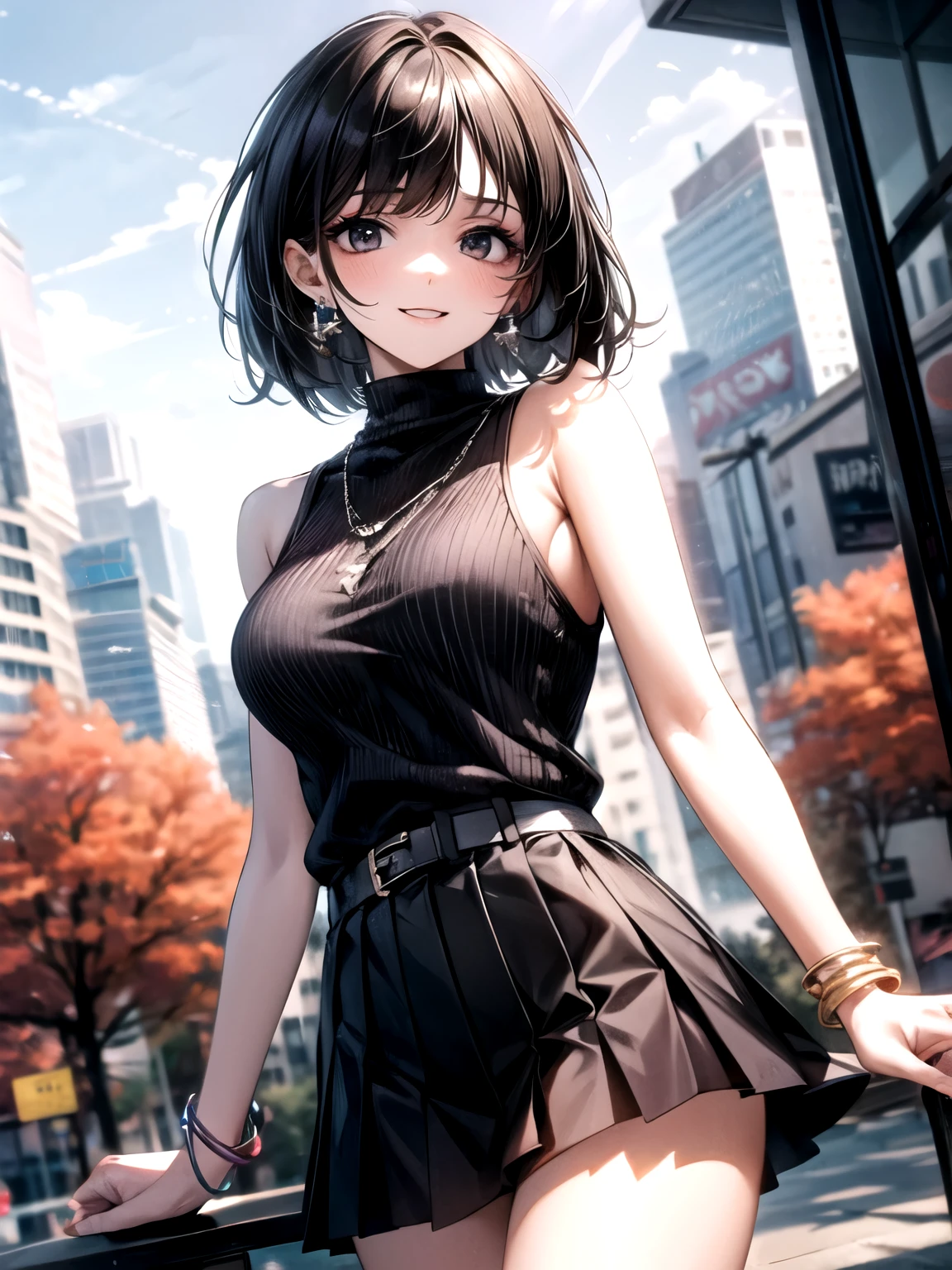 (masterpiece, highest quality, extremely detailed CG), perfect pixel, one girl, cute, perfect body, anatomically correct, beautiful eyelashes, 20 years old, (clear make up:1.1), beautiful eyelashes, black hair, bob cut, swept bangs, BREAK black eyes, big eyes, droopy eyes, thick thighs, medium breasts, lots of pierced earrings, silver chain necklace, silver bracelet, smile, looking at viewer, dynamic angles, dynamic pose, BREAK casual early autumn fashion, black sleeveless knit top, black pleated mini skirt with wide black belt, BREAK daytime, outdoors, modern cityscape, fashion shoot, early autumn scenery,