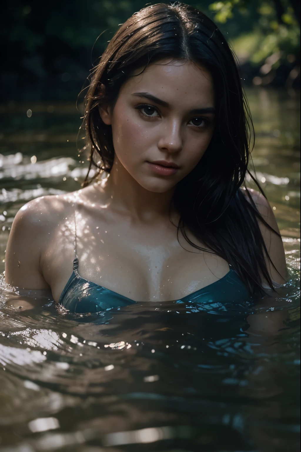 KitanaMK1, black hair, brown eyes,big lips, red lips,naked, breasts, vagina, pubic hair, looking at viewer, surprised, happy, blush, submerged in water, inside lake, waterfall, trees, crosshandbra, blue sky, extreme detail, masterpiece, beautiful quality,