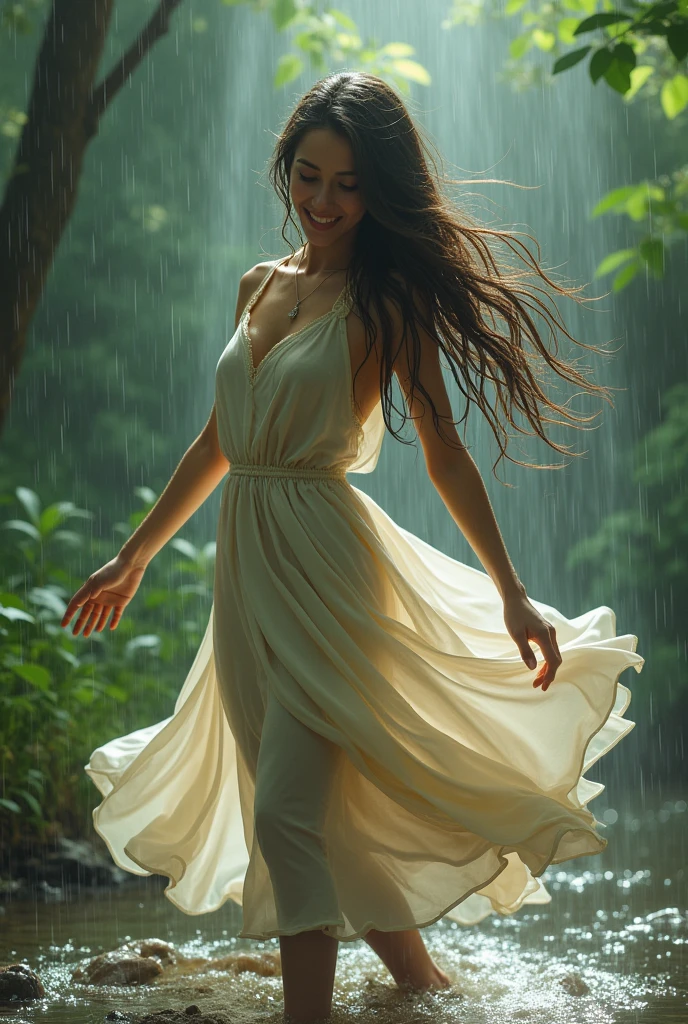 Capture an award-winning, high-quality analog photograph of a classic scene of happiness: a spontaneous, joyful moment of someone dancing in the rain. The image should evoke a sense of freedom, joy, and the sheer delight of living in the moment, set against a backdrop of softly falling rain that enhances the emotional impact of the scene. The subject, caught mid-dance, radiates pure happiness as they move freely in the rain. Their clothes are gently soaked, clinging slightly as they twirl or leap with unbridled joy. Raindrops create a soft, shimmering effect, with some droplets caught in motion, while others splash lightly on the ground. The setting could be a charming cobblestone street, a lush park, or an open field, with the rain adding a dreamy, nostalgic quality to the scene. Captured in the warm, timeless glow of classic analog photography, the image should highlight the play of light and shadow as the rain interacts with the natural surroundings. The photograph should feel intimate and spontaneous, conveying the beauty of embracing life’s simple pleasures. The composition should be dynamic and emotionally resonant, immortalizing a moment of uninhibited joy and freedom, as if the world has paused to celebrate this perfect, rain-soaked dance.