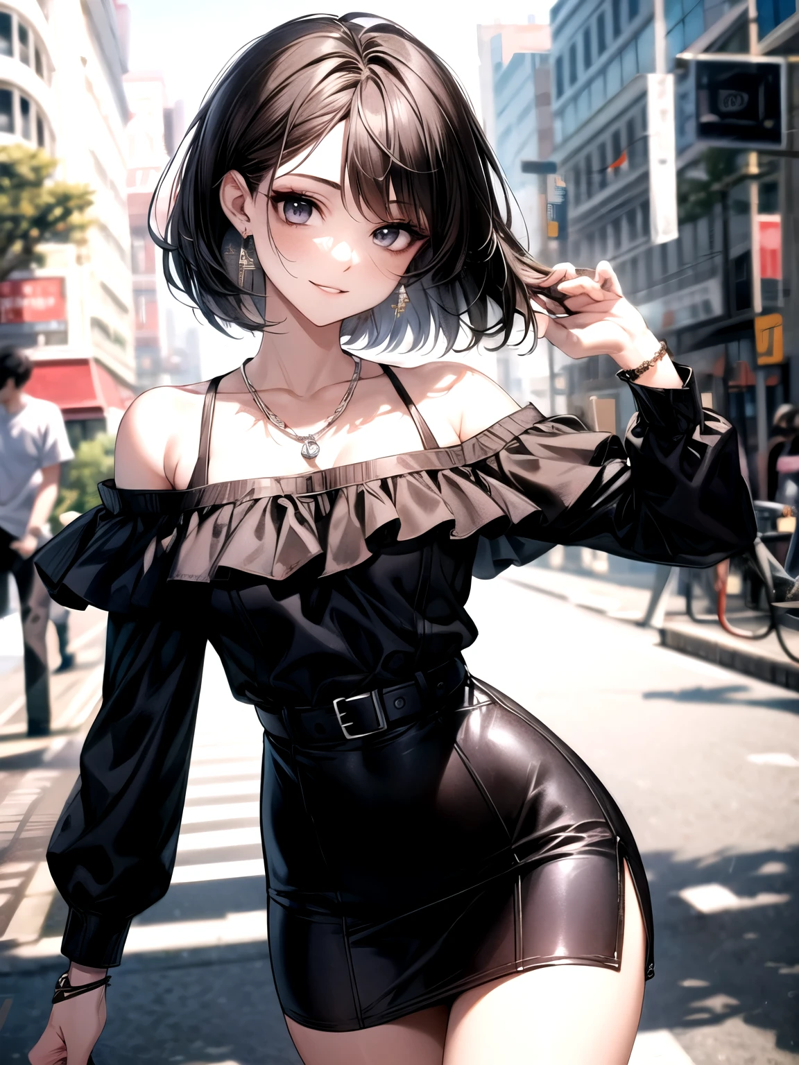 (masterpiece, highest quality, extremely detailed CG), perfect pixel, one girl, cute, perfect body, anatomically correct, beautiful eyelashes, 20 years old, (clear make up:1.1), beautiful eyelashes, black hair, bob cut, swept bangs, BREAK black eyes, big eyes, droopy eyes, thick thighs, medium breasts, lots of pierced earrings, silver chain necklace, silver bracelet, smile, looking at viewer, dynamic angles, dynamic pose, BREAK casual early autumn fashion, black long sleeve off-shoulder top, black ruffled mini skirt with wide belt, BREAK daytime, outdoors, modern cityscape, fashion shoot, early autumn scenery,