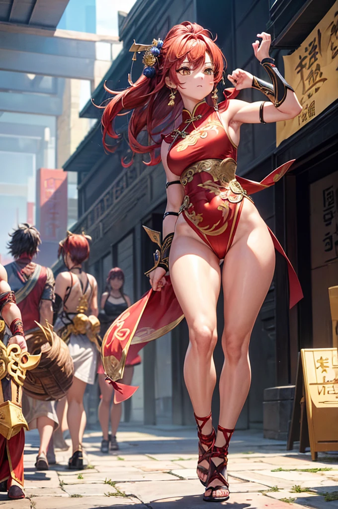 (masterpiece), (Highest quality), (Very detailed), Intricate details, 1 girl, alone, Red eyes, Red Hair, short hair, Hair Bun, Medium breath, Fingerless gloves, Purple Chinese Dress , short boots,(Outdoor), photo shoot, smile, blush, sunny, Browsing Caution, Chinese boxing, Blurred Background, Street background, information, Glamorous figure, Big breasts