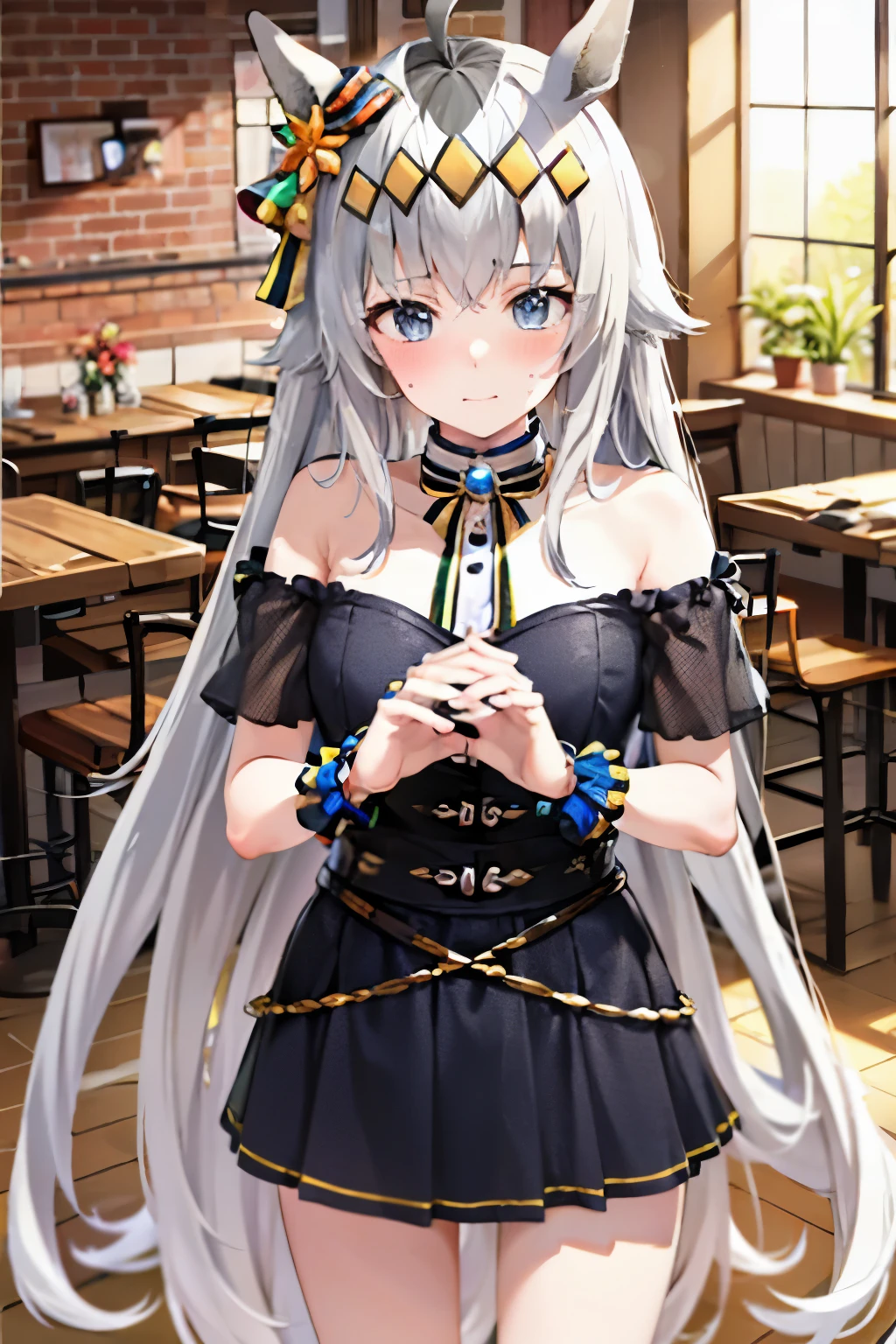 NSFW,Fiami、1 girl、Long Hair、solo、hair ornaments、あほ、silver hair、blue eyes、hair ornaments,Mini dress,Off the shoulder,Embarrassed,blush,(Perfect hands),(Perfect Anatomy),(masterpiece),(highest quality),Coffee shop,table,ウマ娘,