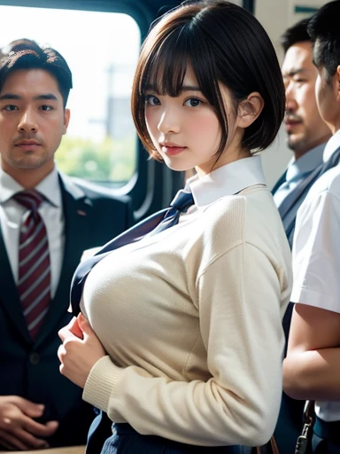 8k, RAW photos, ((, A very cute slender alafed asian schoolgirl in short skirt and bow tie, hugged by a businessman behind, in a crowded train)),  (((Huge breasts :1.1, and droopy breasts:1.3))), ((wearing a white plunging open shirt: 1.5)), (Low angle shot), (highly detailed skin:1.2), (exposed:1.5), (exposed breasts:1.5),  (exposed crotch:1.5), (Japan school uniform), (Japan school uniform), (wearing Japan uniform), (surreal schoolgirl), (dressed as a schoolgirl, surreal schoolgirl), wearing a uniform, a realistic schoolgirl, a girl in a uniform, wearing a uniform, high school girl pose, full body, nice skin, glowing skin, nice thighs, shining thighs, shining legs, (a beautiful girl with beautiful small face, beautiful brown eyes, brown hair, white skin, Huge soft breasts and beautiful abs, pubic hair), various pose, Ultra-detailed face, Detailed eyes,  ((No closeup)), ((in a crowded train)), ((she’s wearing a vibrator in her crotch)).