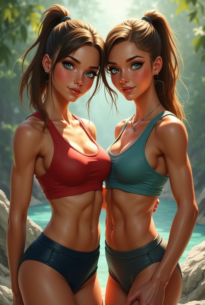 There is a young Jessica Alba with a cute face and straight black hair and big brown eyes in a sunny forest, a thoughtful attentive expression on a cute face, large breasts, athletic physique, shredded abs, heavily muscled legs, extremely vascular, highly visible veins, full-length, dressed in a simple gray sports bra and booty shorts