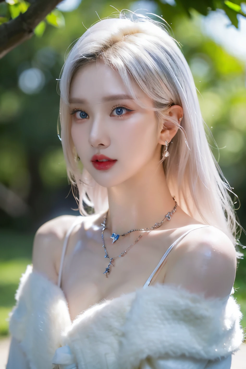 Nsfw、((whole body))、((perfect quality, 8k, highest quality, masterpiece: 1.3, hyperrealistic)), (realistic, sharp focus: 1.2), A very delicate, (1 girl)), perfect style, super detailed, High resolution, (off shoulder: 1.1), (white hair), (big, whole body: 1.3), Highly detailed face and skin texture, detailed and beautiful eyes, Slight redness on the face and nose, blue eyes, red lips, eyes make up, shiny skin, necklace, earrings, outdoors, realistic shadow,