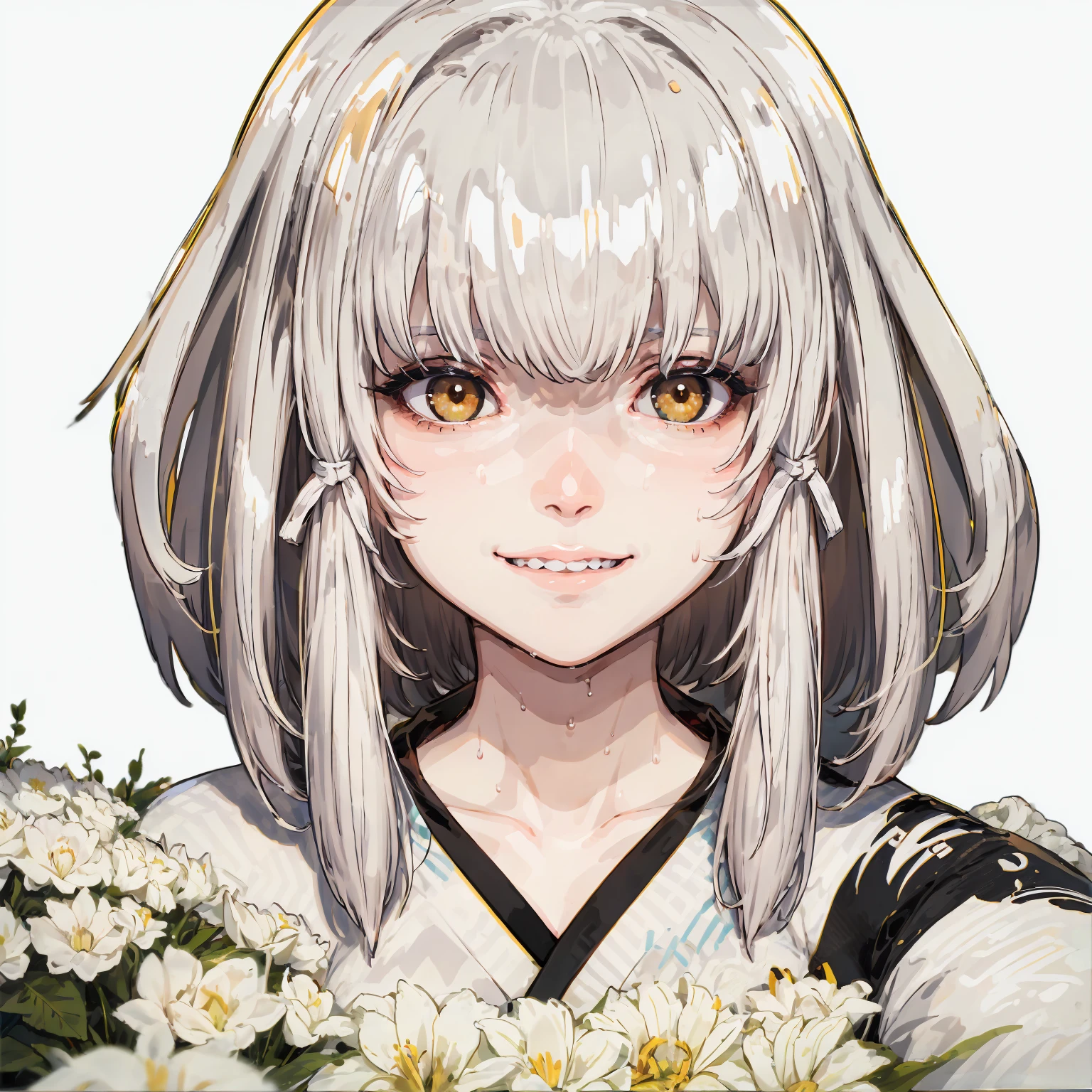 masterpiece, One Girl, White Chrysanthemum(fatal frame: Maiden of Black Water), Highest quality, Beautiful attention to detail, Perfect Face, Beautifully detailed face, View your viewers, Sigma 400mm f1.8, Photo fine print, Incredibly sharp focus, Very detailed, Yellow Eyes, Long Hair, Gray Hair, Tight Micro Dress, Big Ariola, Grin, smile, attractive, Sweaty, Sexy lips, front, Sitting, Blowjob Gestures, Small breasts,