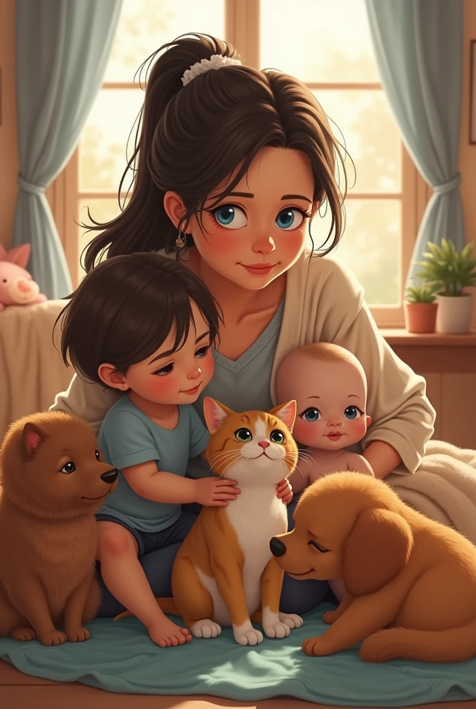 A FAMILY WITH A YOUNG FATHER AND MOTHER AND A 9-MONTH-OLD BABY, DE CABELO LOIRO, ON MOTHER'S LAP LOOKING AT SMALL DOG WITH CURLY GRAY FUR.