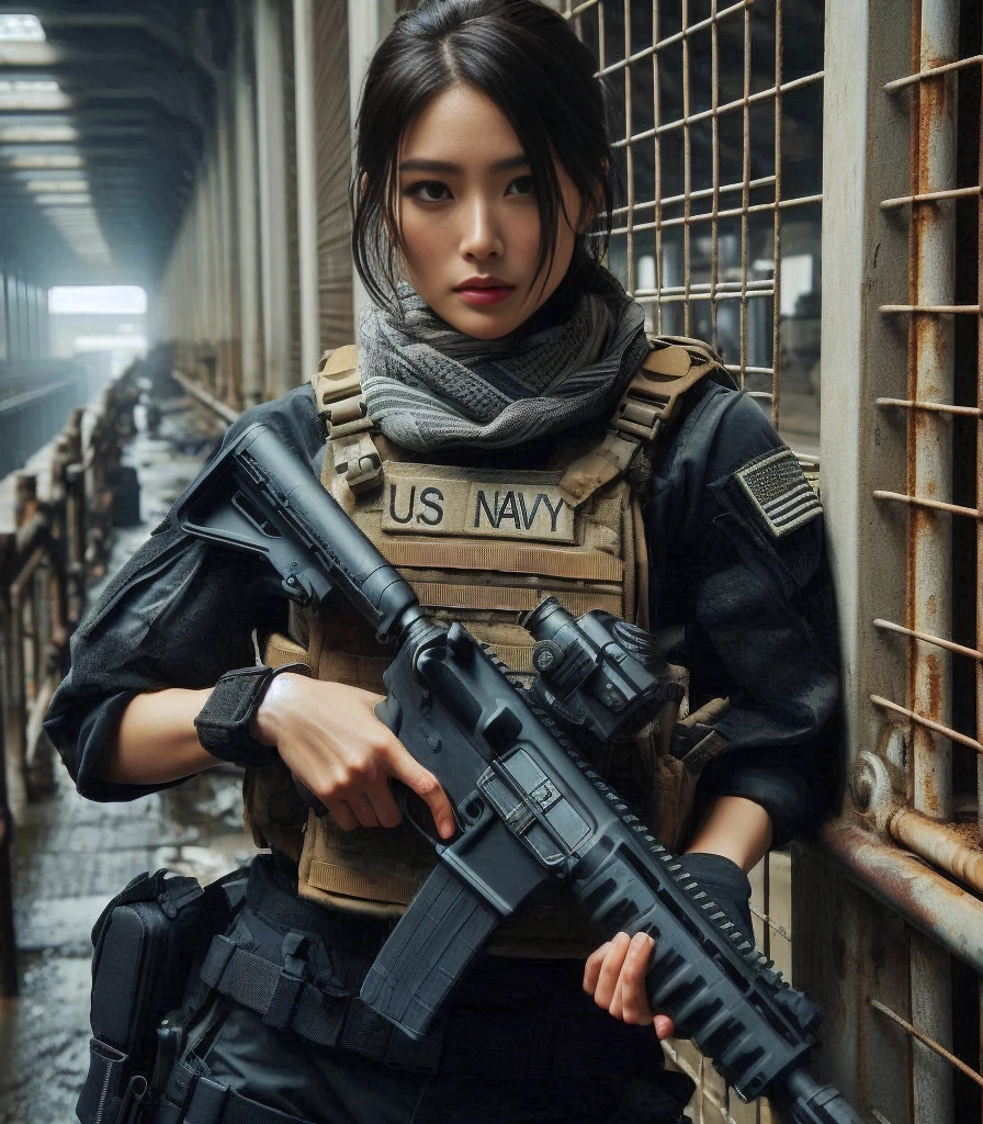 ８K、Realistic photos、Realistic skin texture、US Navy　A Japanese woman who is a member of the Navy SEALs is in a container yard、Accurate and fully equipped、Desperate look、Dramatic and delicate composition like a movie、Full Body Shot、A scene from a movie、Standing on top of a crane in a container yard、tactical pants