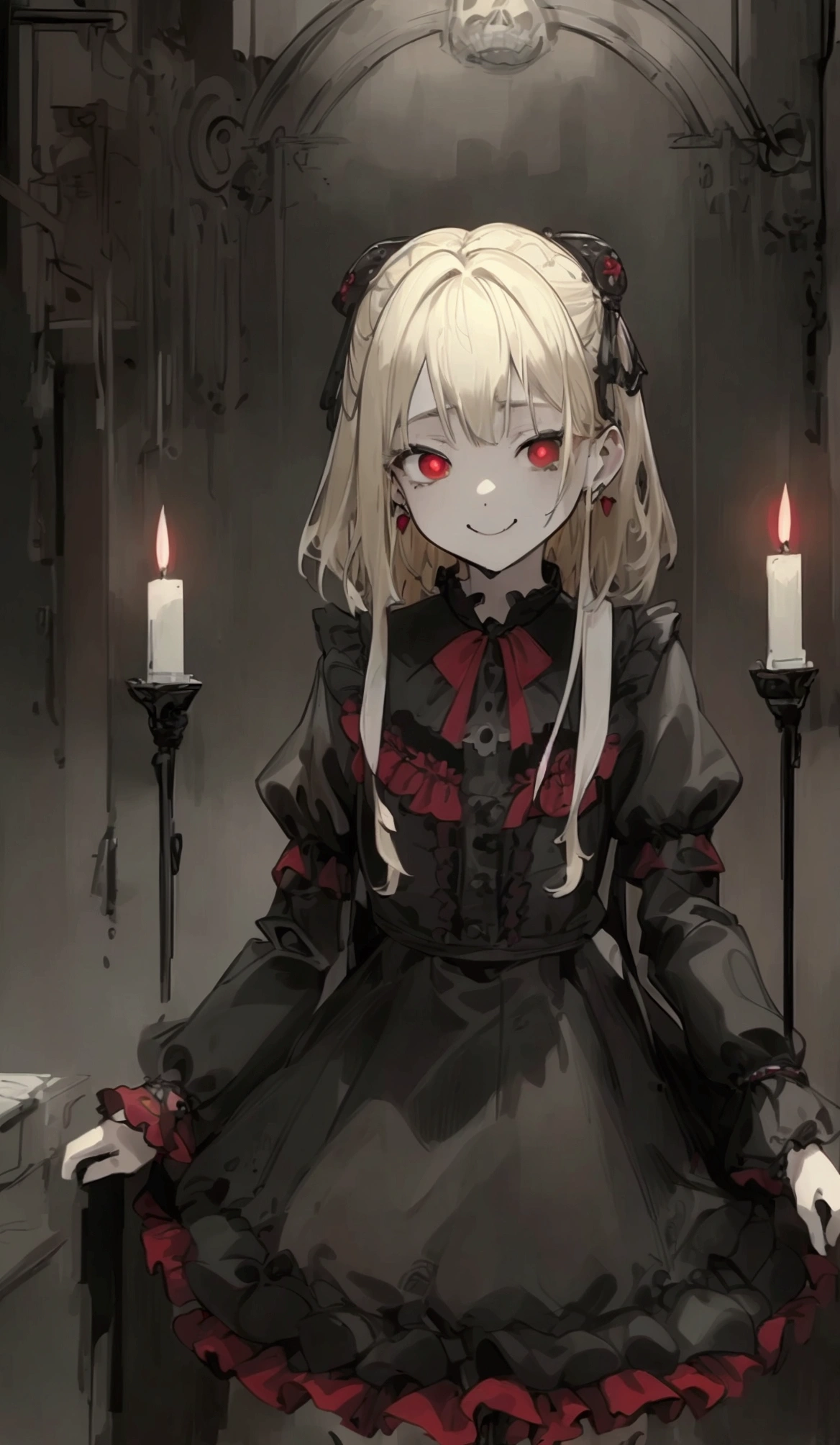 (masterpiece), (Highest quality), Very detailed, 1 girl, (whole bodyソロショット:1.5), whole body, (Inside the basement), skirt, shirt, Long sleeve, Frills, Wicked Smile, Spooky, Candles, Hair accessories, (doll), Tapestry, Horror Theme, Absurd, RAW Photos, Very delicate and beautiful, masterpiece, Highest quality, 超High resolution, 32K, 超Realisticな, Very detailedな, Detailed Description, Pale skin, 20-year-old, Tearful mole, Earrings, huge , Short Medium Hair, Wavy Hair, (Highest quality, 16K, masterpiece, 超High resolution, Victorian, Realistic: 1.2), 1 girl, Devil Costume, Cassock, Cowboy Shot, One-length bob cut braided hair clip on front, cute, Neat, Disconnect, Heroine&#39;s Attributes, Artistic Shading, Current Denied.Ghost、Scared、Ghost、Halloween、Fight、Fight、Large Group、a lot、.(Highest quality,4K,High resolution,masterpiece:1.2),Very detailed,Realistic:1.37,Spooky altar background,Dark fantasy,Red color scheme,Ominous atmosphere,Eye-catching,Storytelling,anatomy,Anime Style,Concept Art,Beautiful detailed face and (((Red eyes ))),Angel Design, Twisted Smile、,,skull,Horror Style, ((ファンタジー スウィート タ Frills ピンク コスチューム)), ((Flowing blonde hair)),,Female curves, Sexy flat stomach, Perfect hands, Perfect anime face,
