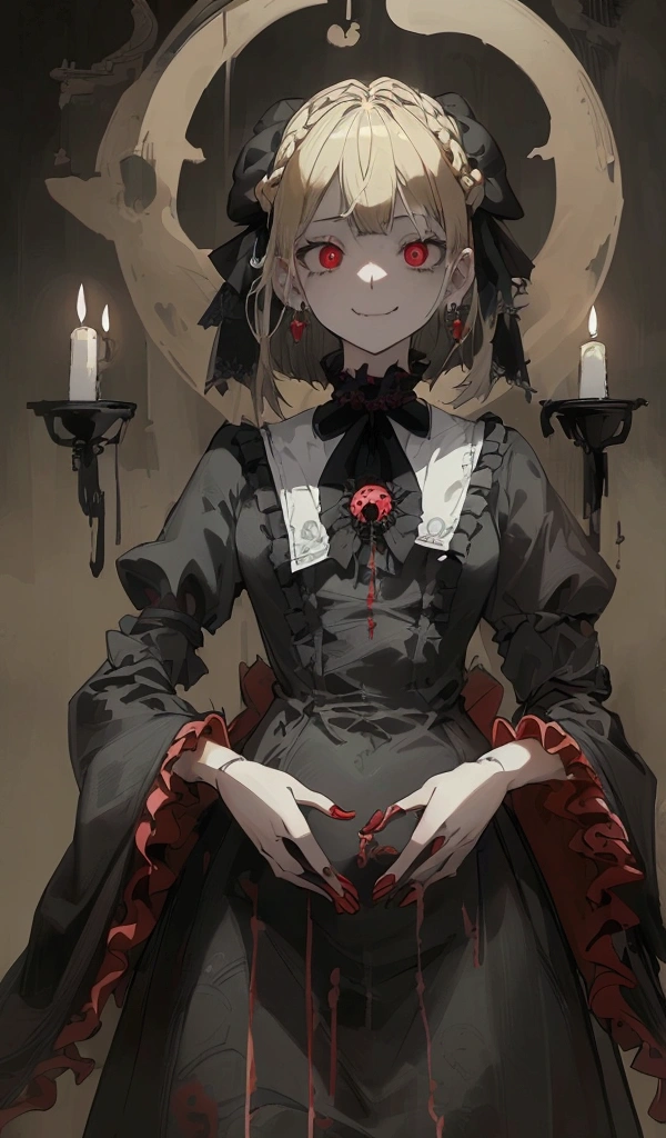 (masterpiece), (Highest quality), Very detailed, 1 girl, (whole bodyソロショット:1.5), whole body, (Inside the basement), skirt, shirt, Long sleeve, Frills, Wicked Smile, Spooky, Candles, Hair accessories, (doll), Tapestry, Horror Theme, Absurd, RAW Photos, Very delicate and beautiful, masterpiece, Highest quality, 超High resolution, 32K, 超Realisticな, Very detailedな, Detailed Description, Pale skin, 20-year-old, Tearful mole, Earrings, huge , Short Medium Hair, Wavy Hair, (Highest quality, 16K, masterpiece, 超High resolution, Victorian, Realistic: 1.2), 1 girl, Devil Costume, Cassock, Cowboy Shot, One-length bob cut braided hair clip on front, cute, Neat, Disconnect, Heroine&#39;s Attributes, Artistic Shading, Current Denied.Ghost、Scared、Ghost、Halloween、Fight、Fight、Large Group、a lot、.(Highest quality,4K,High resolution,masterpiece:1.2),Very detailed,Realistic:1.37,Spooky altar background,Dark fantasy,Red color scheme,Ominous atmosphere,Eye-catching,Storytelling,anatomy,Anime Style,Concept Art,Beautiful detailed face and (((Red eyes ))),Angel Design, Twisted Smile、,,skull,Horror Style, ((ファンタジー スウィート タ Frills ピンク コスチューム)), ((Flowing blonde hair)),,Female curves, Sexy flat stomach, Perfect hands, Perfect anime face,
