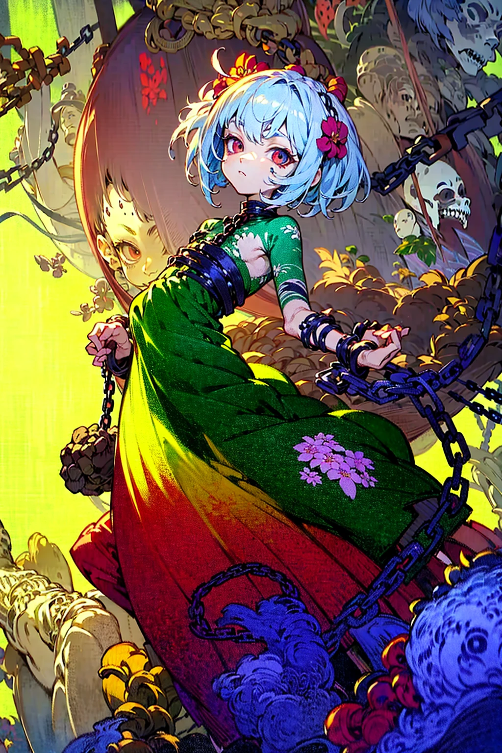 ((Background made up of chains and flowers))、 Horror elements, (masterpiece), (High resolution), (Very delicate), (clear), Manga style illustration,Japanese painting, (spooky), Crazy Illustration, Flat Illustration, spooky外観, (Mr..々Color Hair Styles), Unique atmosphere、Small eyes、（Flat Chest）, ((Muddy hair)),chain wrapped around body、((spookyタトゥー))、Holding a balloon,Skin full of stitches,restrained by thick chains、（Colorful clown costumes）、Bold Pose、Sexy Costumes、dress
