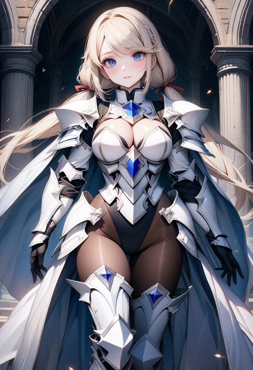 ((UHD)),((masterpiece)),((highest quality)),((8k)),(solo),1girl,perfect face,((white paladin armor: 1.5)),((armored breastplate)), ((platinum blonde long low twintails hair)),((swept bangs)),((large breasts)),((black high leg leotard inguinalbrown pantyhose thigh)),((Tight thigh-high boots:1.2)),((long gauntlet gloves)), (Cleavage), princess manteau de cour, hair band, Raglan sleeve, tight size, Side slit, Jumpsuit, hair bow, long coat,curvy,Perfect and beautiful blue eyes,perfectly accurate hand,precise five fingers,perfect fingers,makeup,Azur Lane,(Soft cameltoe:0.8),Beautiful cobblestone castle town,the best professional lighting,