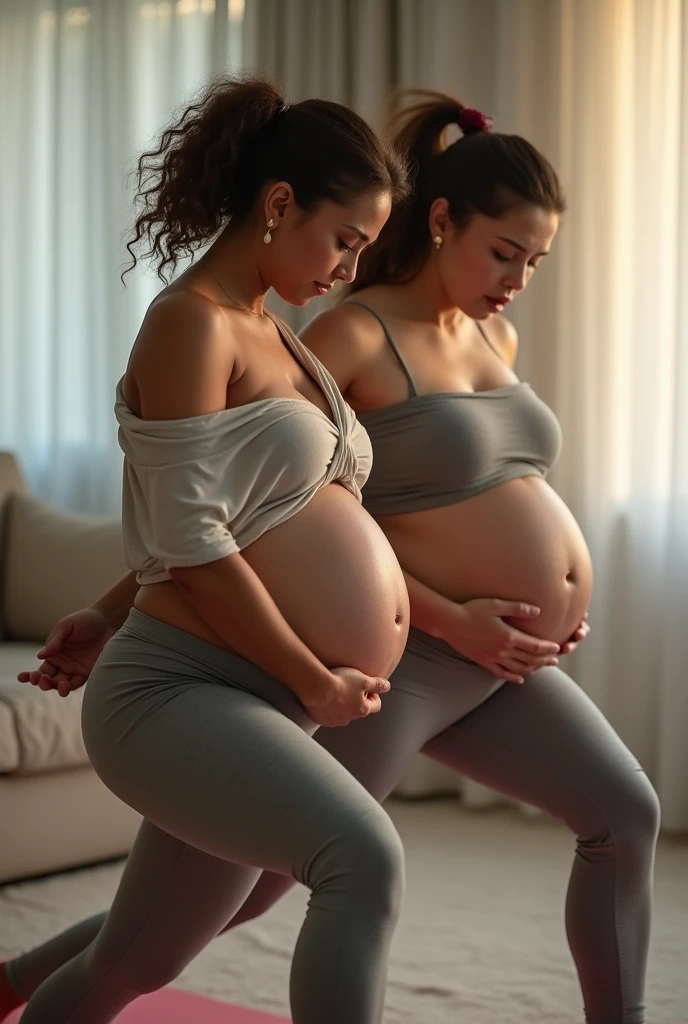 (photorealism:1.2), 2 people. person 1 - beautiful pregnant 4 woman, yoga instructor, warrior pose, back pain, wearing loose off-shoulder top, pointy nipples, light grey tight pants, indoors, soft lighting, nine months pregnant. overdue pregnant gigantic belly. Voluptuous. intense. strict, helping pregnant student.  person 2 - beautiful pregnant 2 student, weak, learning yoga, warrior pose, back pain, wearing loose off-shoulder top, pointy nipples, light grey tight pants, indoors, soft lighting, nine months pregnant. overdue pregnant gigantic belly. Voluptuous. intense. anguish. painful. pain. screaming. sweating. physical effort. labor pains. unhappy.  