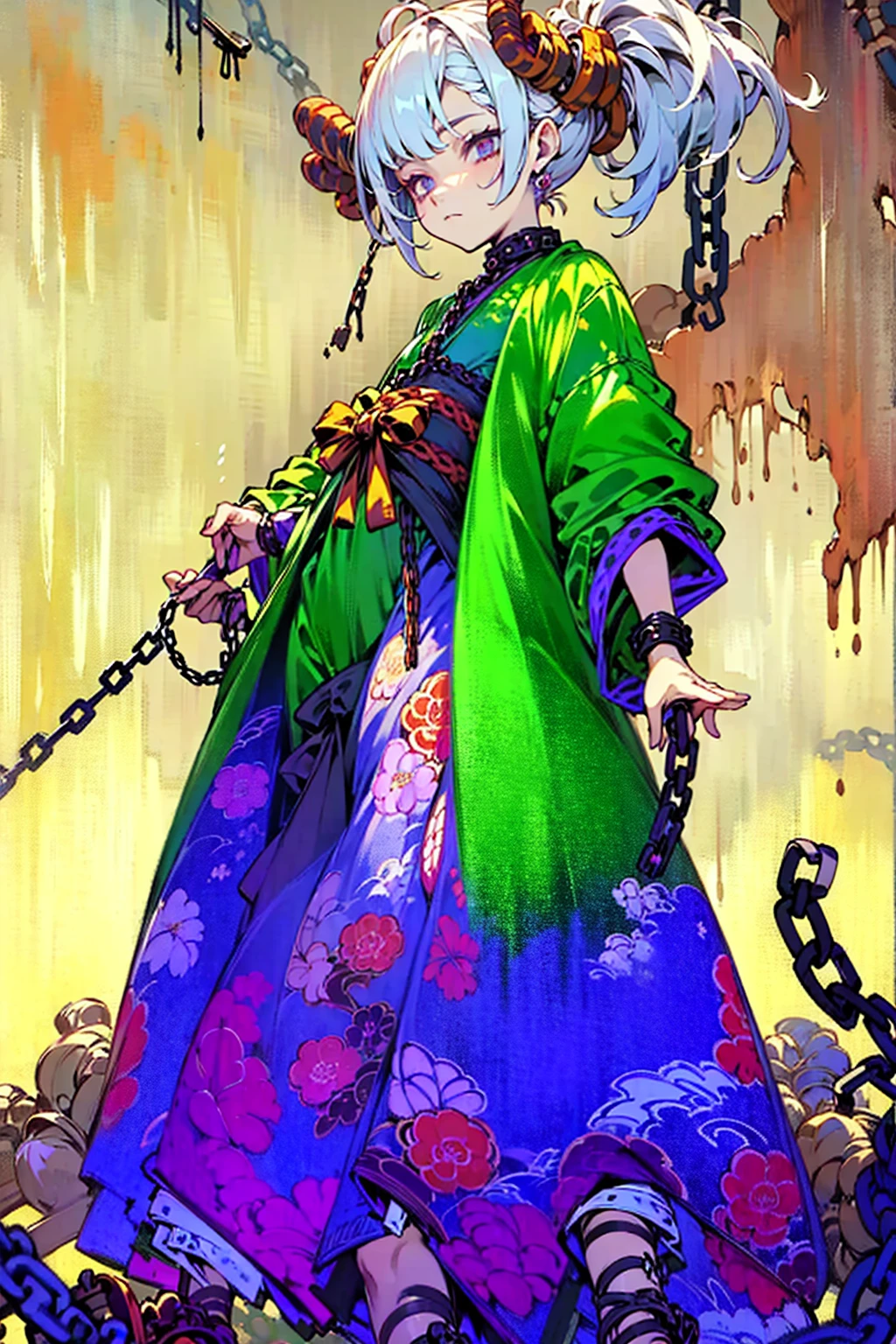 ((Background made up of chains and flowers))、 Horror elements, (masterpiece), (High resolution), (Very delicate), (clear), Manga style illustration,Japanese painting, (spooky), Crazy Illustration, Flat Illustration, spooky外観, (Mr..々Color Hair Styles), Unique atmosphere、Small eyes、（Flat Chest）, ((Muddy hair)),chain wrapped around body、((spookyタトゥー))、Holding a balloon,Skin full of stitches,restrained by thick chains、（Colorful clown costumes）、Bold Pose、Sexy Costumes、dress
