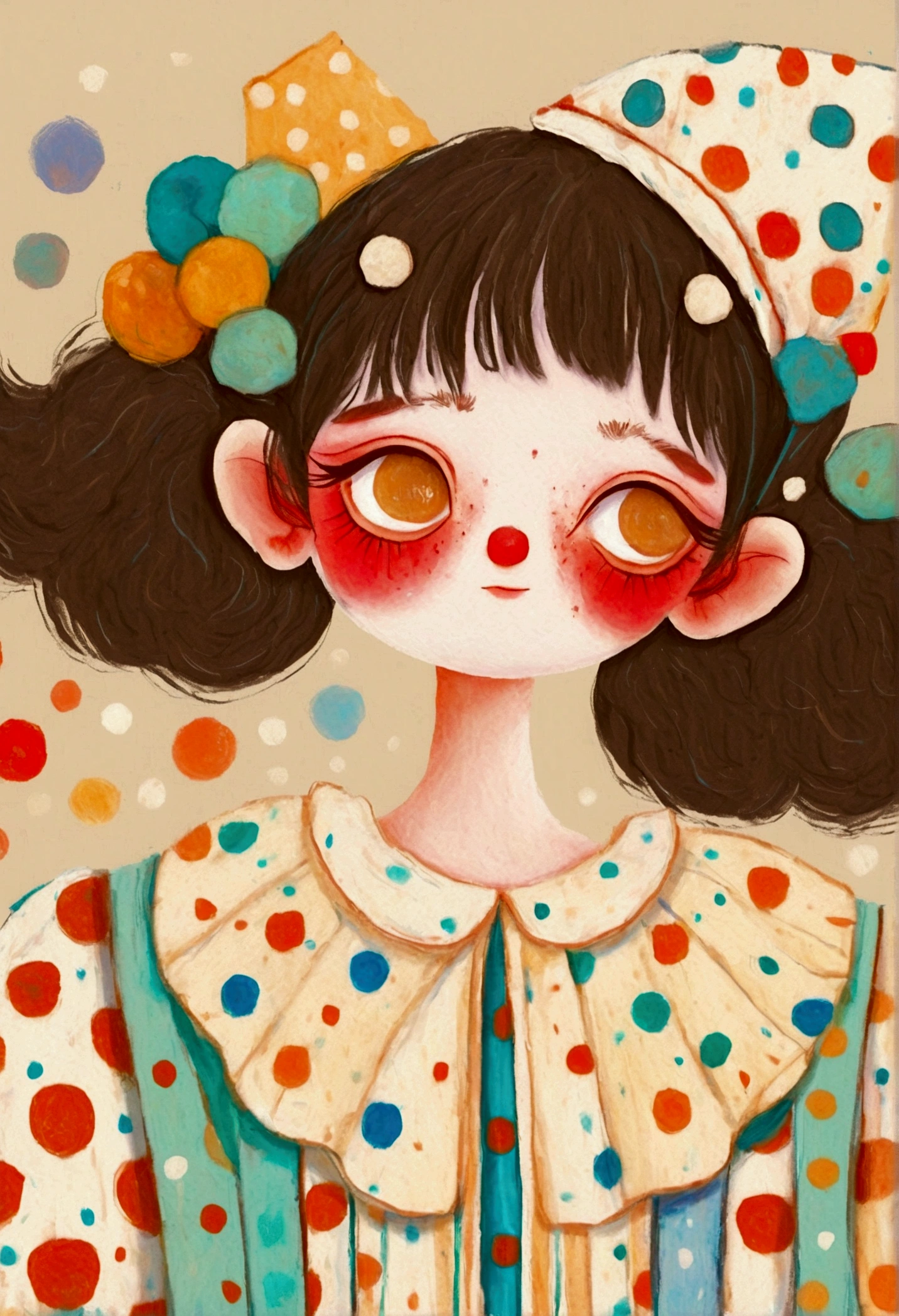 A painting，Pastel Art：clown girl。Red Nose。big eyes，Multi-layered pleated collar。Lovely的艺术风格, Lovely细致的数字艺术, Lovely的数字艺术, Lovely的艺术品, 卡哇伊写实portrait, Change, Lovely的数字, Lovely。portrait, Benefits, Lovely的角色, Lovely 多彩 Lovely
绿色背景