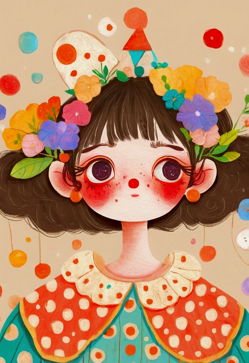 A painting，Pastel Art：clown girl。Red Nose。big eyes，Multi-layered pleated collar。Lovely的艺术风格, Lovely细致的数字艺术, Lovely的数字艺术, Lovely的艺术品, 卡哇伊写实portrait, Change, Lovely的数字, Lovely。portrait, Benefits, Lovely的角色, Lovely 多彩 Lovely
绿色背景