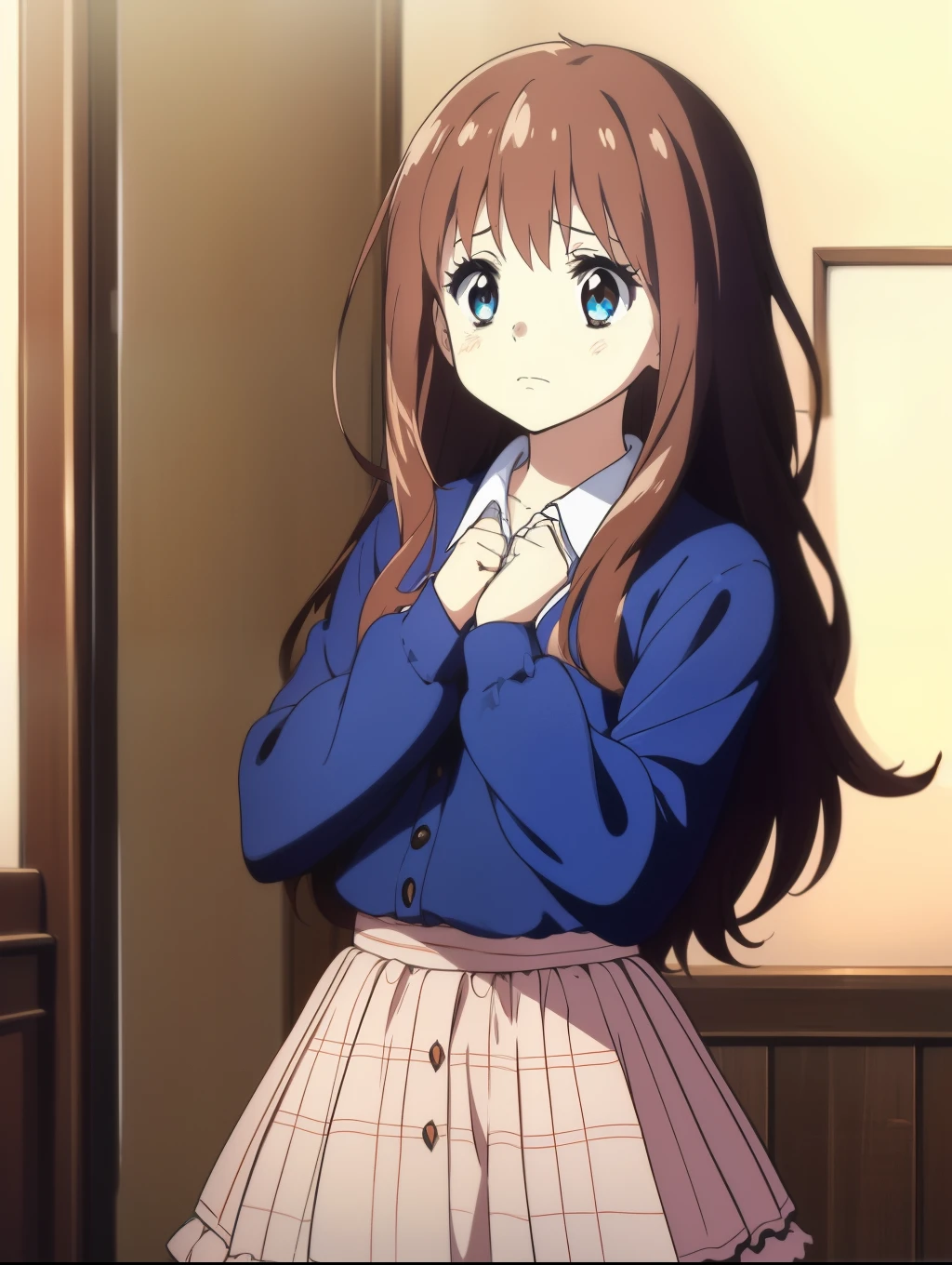 Ai shindou, 1girl, solo, long hair, floating hair, blue skirt, blue uniform, brown hair,  long sleeves, blue sea eyes, plaid, cover face with hands, sad, plaid skirt, ribbon, cowboy Shot,
home in the room,
masterpiece, high quality, very_high_resolution, large_filesize, full color,