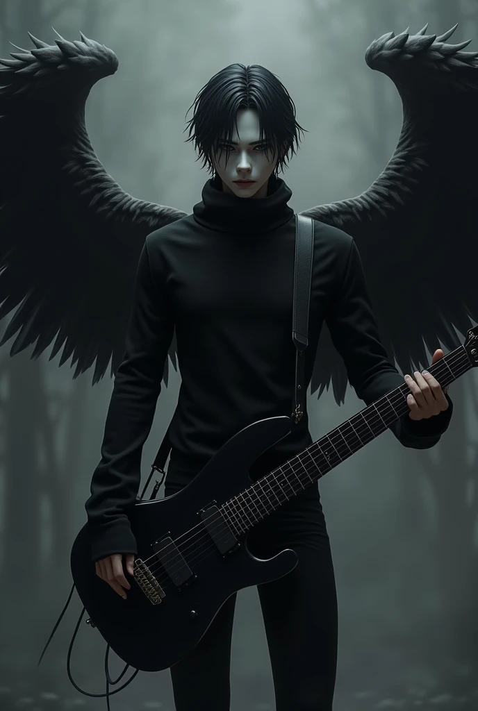 An RPG character, of the Fallen Aasimar race, blond, gray eyes, short-hair, wears an eye patch over his left eye, young adult man, skeletal wings made of bones, playing a lyre, wears a short black toga with a toned body and a black snowy owl on the shoulder. Full-body image