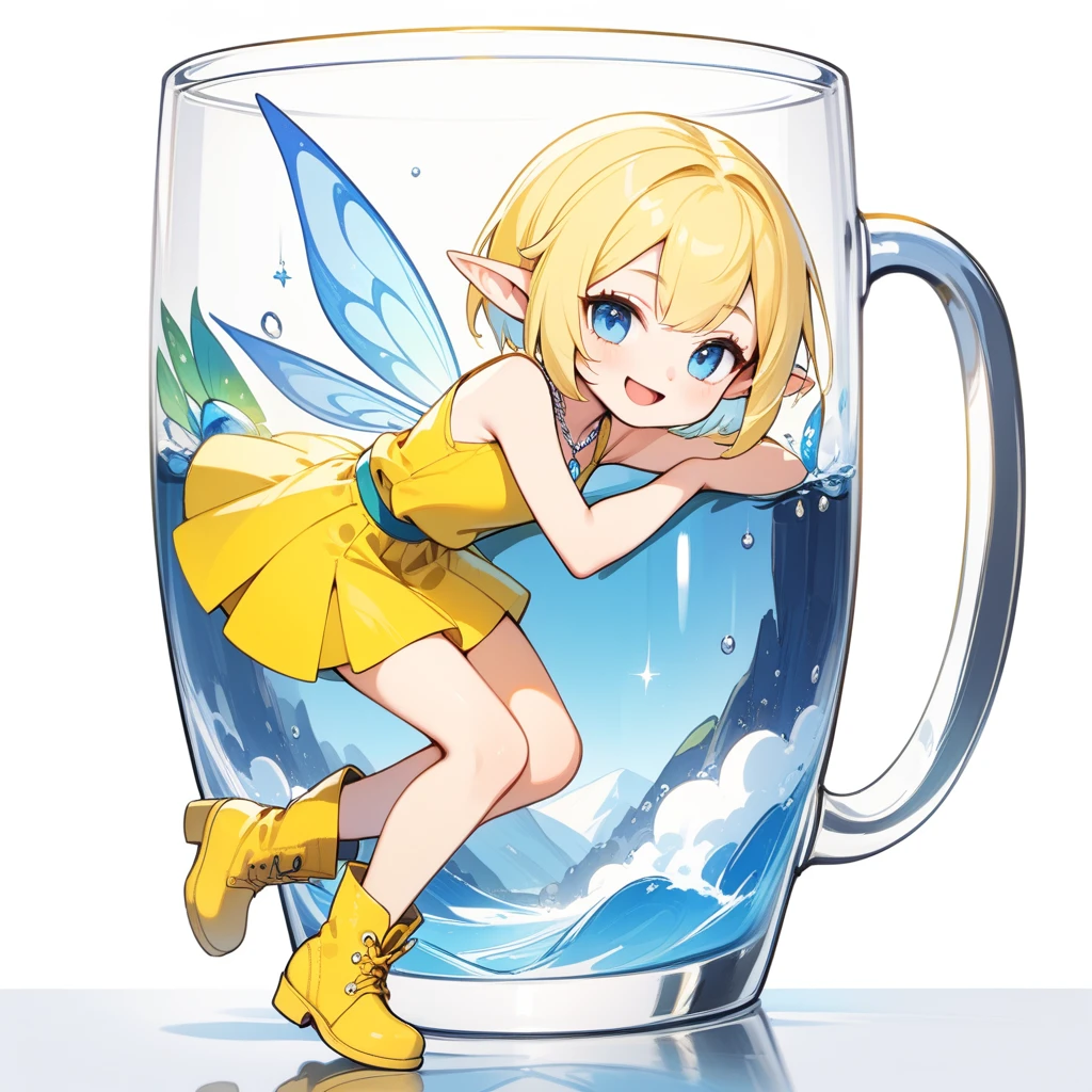 (masterpiece, best quality:1.2), 1 cute lady, solo, full body, A fairy-sized elven lady is sitting on the rim of an empty glass, looking at the viewer and smiling. Single braided blonde hair, blue eyes. green tube top and mini skirt, short boots, simple background