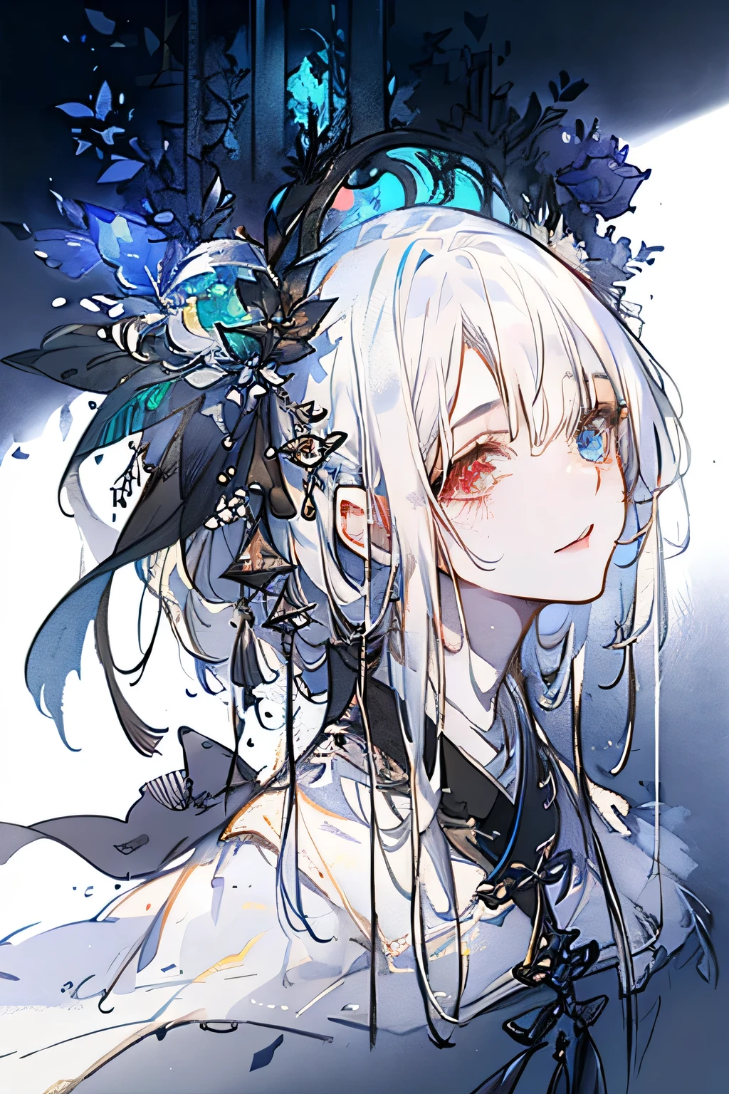 a young woman with partialy black and partialy white hair,heterochromia(extremely detailed 8K wallpaper),(ultra detailed),(best quality),(masterpiece),(highly detailed),(cinematic lighting),(original), cold light, mood,((head shot)),(Chinese artful style painting))
