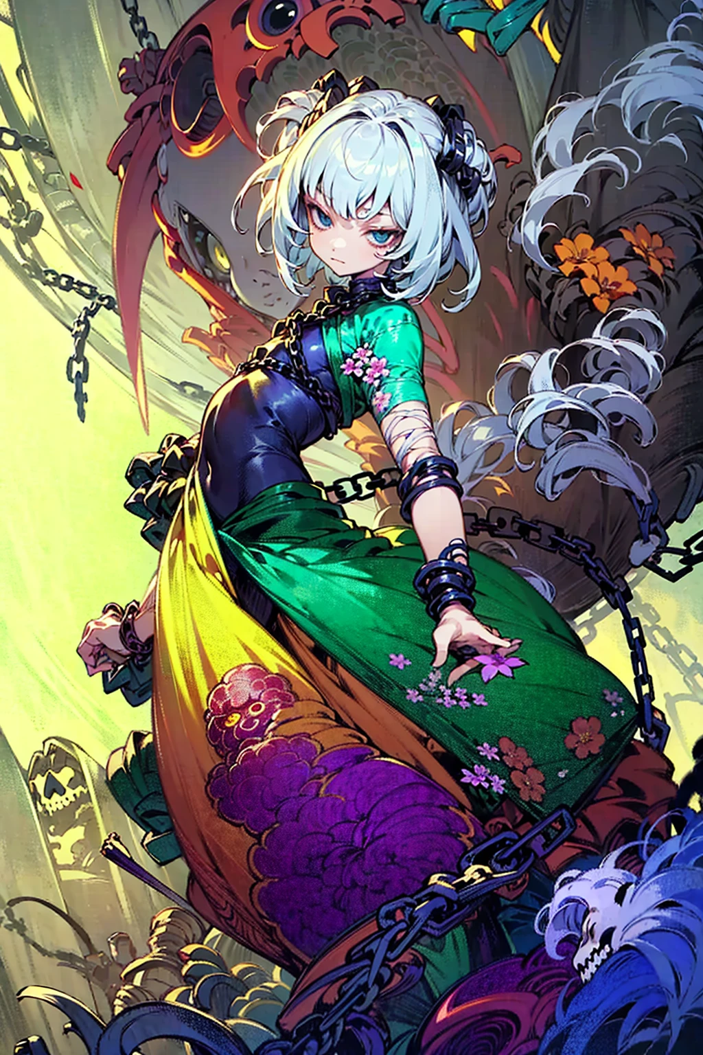 ((Background made up of chains and flowers))、 Horror elements, (masterpiece), (High resolution), (Very delicate), (clear), Manga style illustration,Japanese painting, (spooky), Crazy Illustration, Flat Illustration, spooky外観, (Mr..々Color Hair Styles), Unique atmosphere、Small eyes、（Flat Chest）, ((Muddy hair)),chain wrapped around body、((spookyタトゥー))、Holding a balloon,Skin full of stitches,restrained by thick chains、（Colorful clown costumes）、Bold Pose、Sexy Costumes、dress
