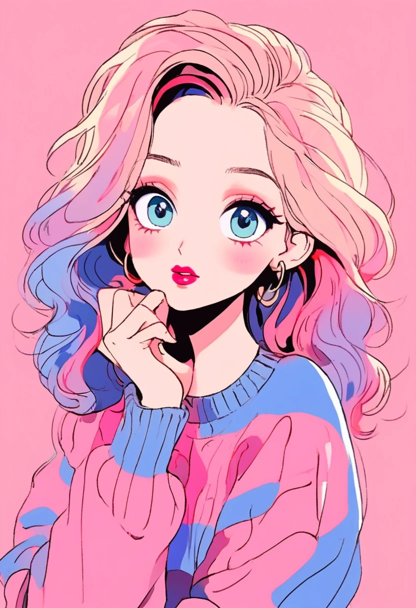 アニメ ,realisitic ,outline , 1 girl, bright blue eyes,Glossy lips, sweater,shirt with necklace、order, fundo gradiente vermelho, neon hair,textured cut, Canadian , (work of art,higher quality,Rainbow style)