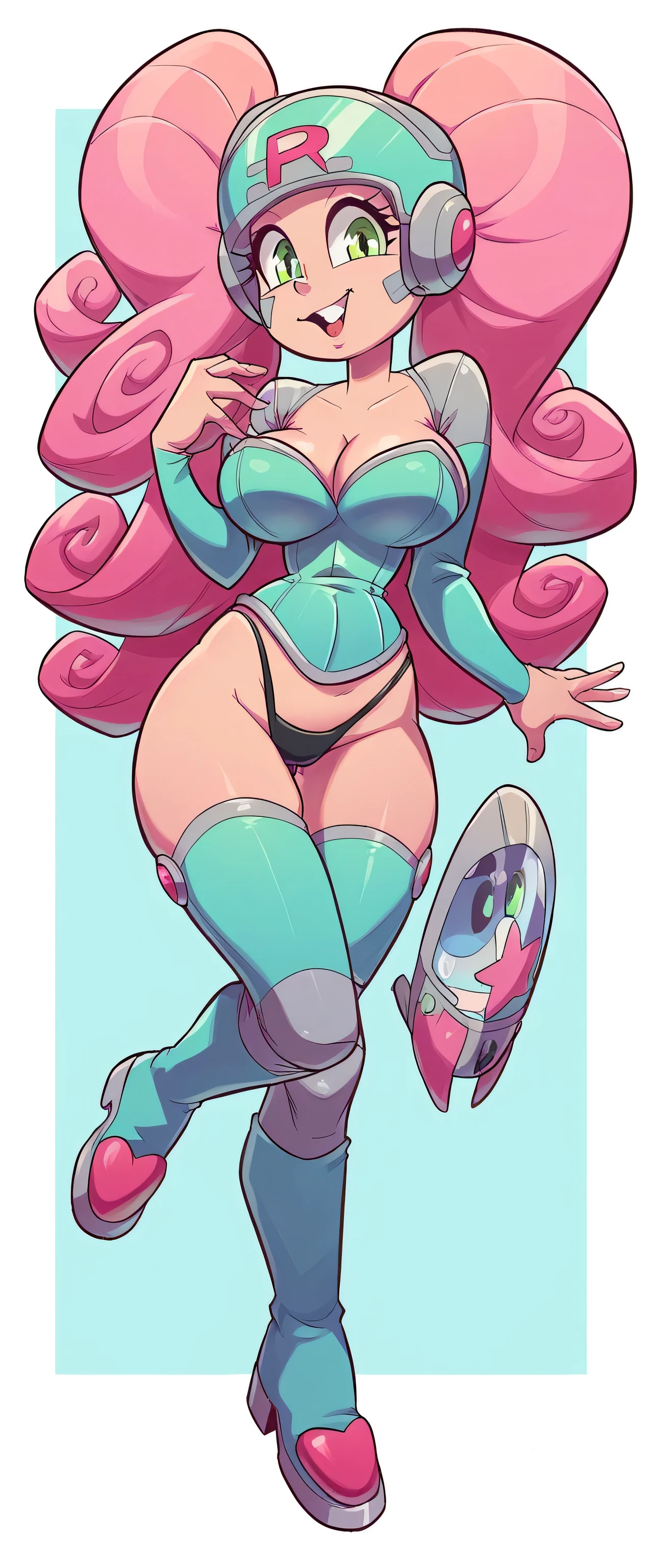 A beautiful sexy space girl with big breasts and long curly pink hair, her light green eyes are wearing a pink helmet with green protection, she is wearing a pink metallic corset with long sleeves and a black metallic thong, wearing long blue socks with a white stripe, pink rocket shoe.