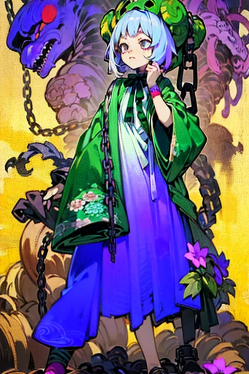 ((Background made up of chains and flowers))、 Horror elements, (masterpiece), (High resolution), (Very delicate), (clear), Manga style illustration,Japanese painting, (spooky), Crazy Illustration, Flat Illustration, spooky外観, (Mr..々Color Hair Styles), Unique atmosphere、Small eyes、（Flat Chest）, ((Muddy hair)),chain wrapped around body、((spookyタトゥー))、Holding a balloon,Skin full of stitches,restrained by thick chains、（Colorful clown costumes）、Bold Pose、Sexy Costumes、dress
