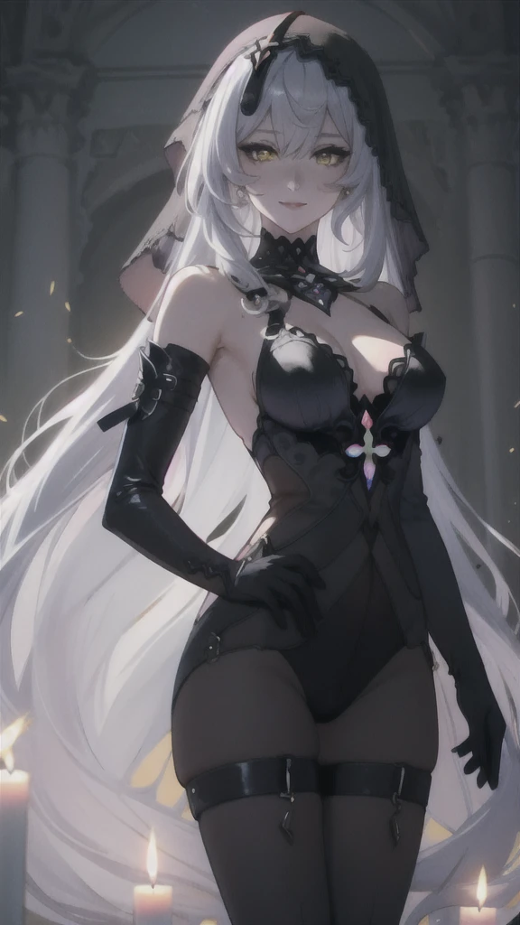 ((Masterpiece, Ultra HD, 8K Quality)), one Woman, Beautiful Face and body, Platinum silver long hair, long bangs, Deep shiny yellow eyes, highlights on eyes,　Very long eyelashes, very large breasts, a slim waist, curvy hips, (((black swan))), veil, elbow gloves, black pantyhose, no shoes, sitting, cross-legged, (from bottom:1.2), smiling, holding a card, tarot, upper body, candle,
